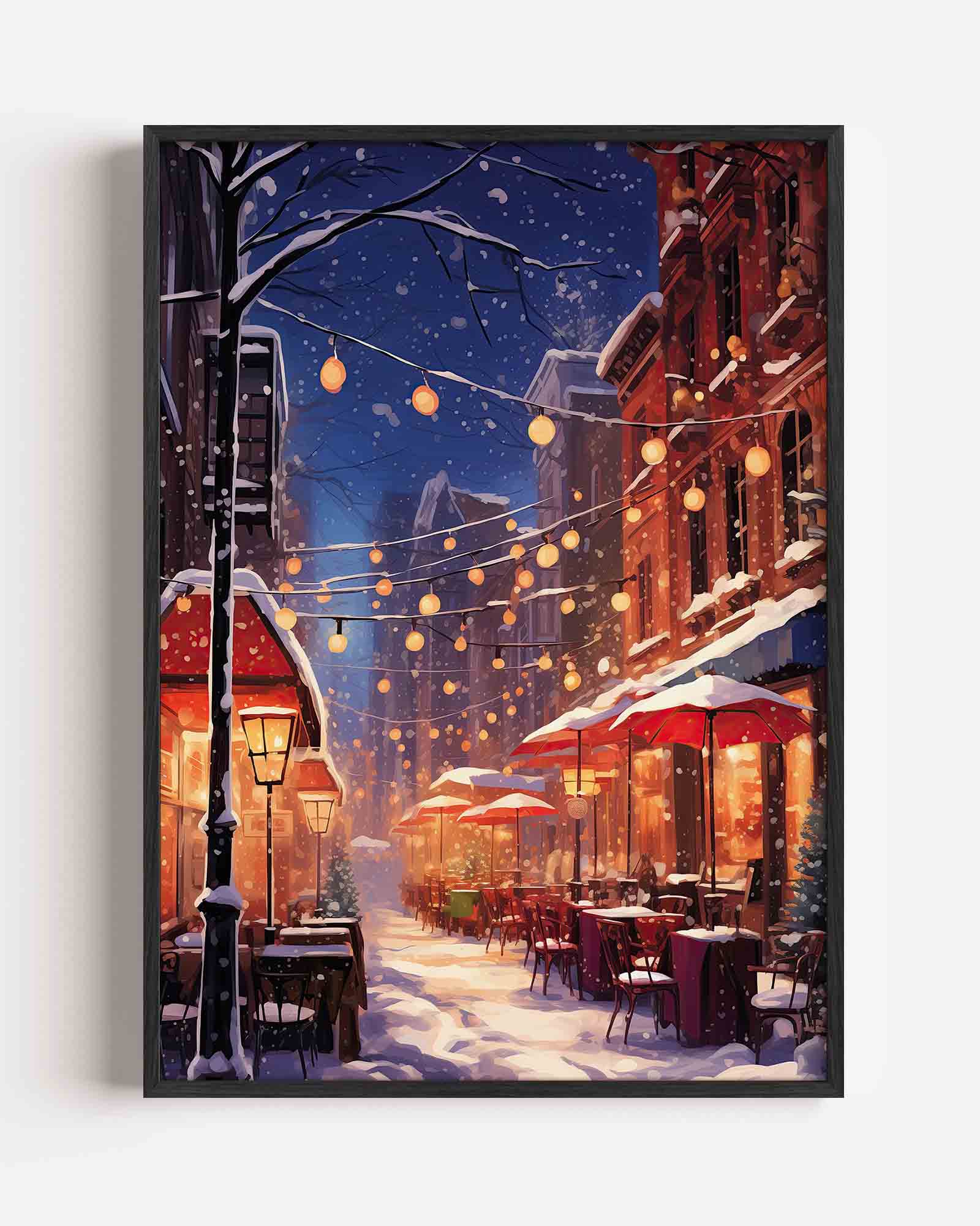 Winterse straat met verlichting Poster