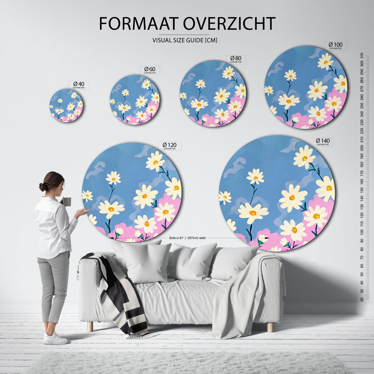 Bloemen op blauwe achtergrond Muurcirkel