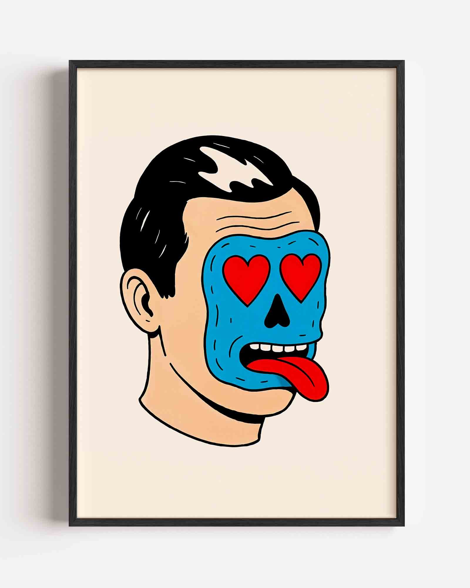 Blauw gezicht met rode harten Poster