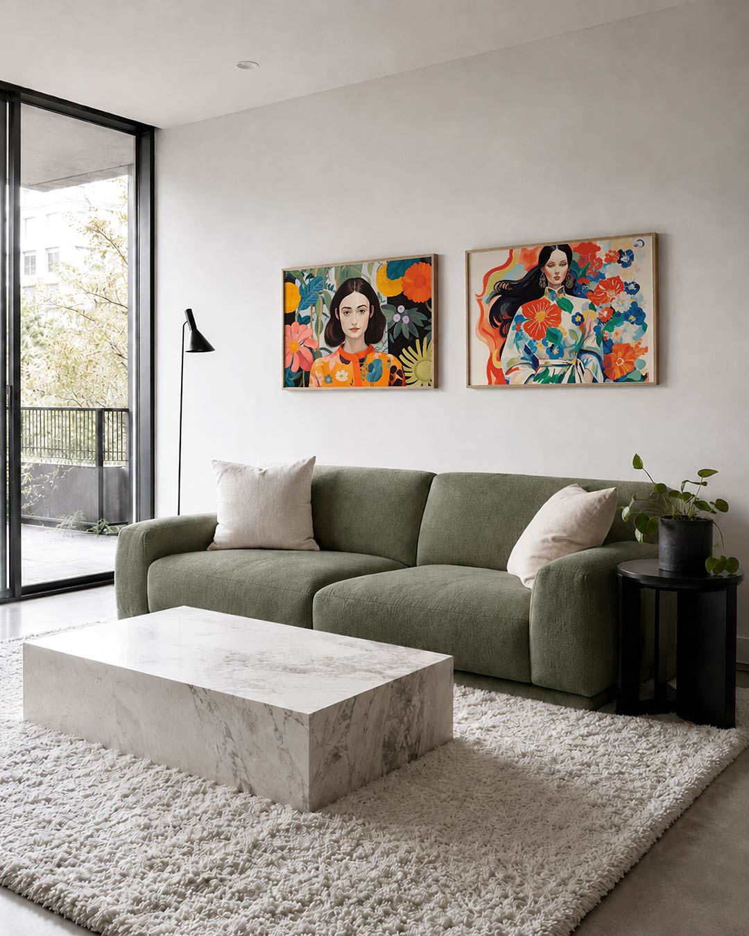 Interieurpresentatie van twee posters met een vrouw omringd door grote bloemen en bladeren