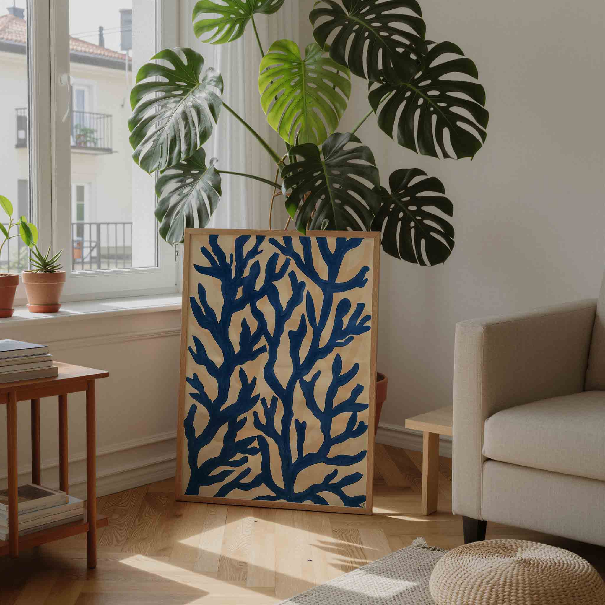 Blauwe takken op beige Poster