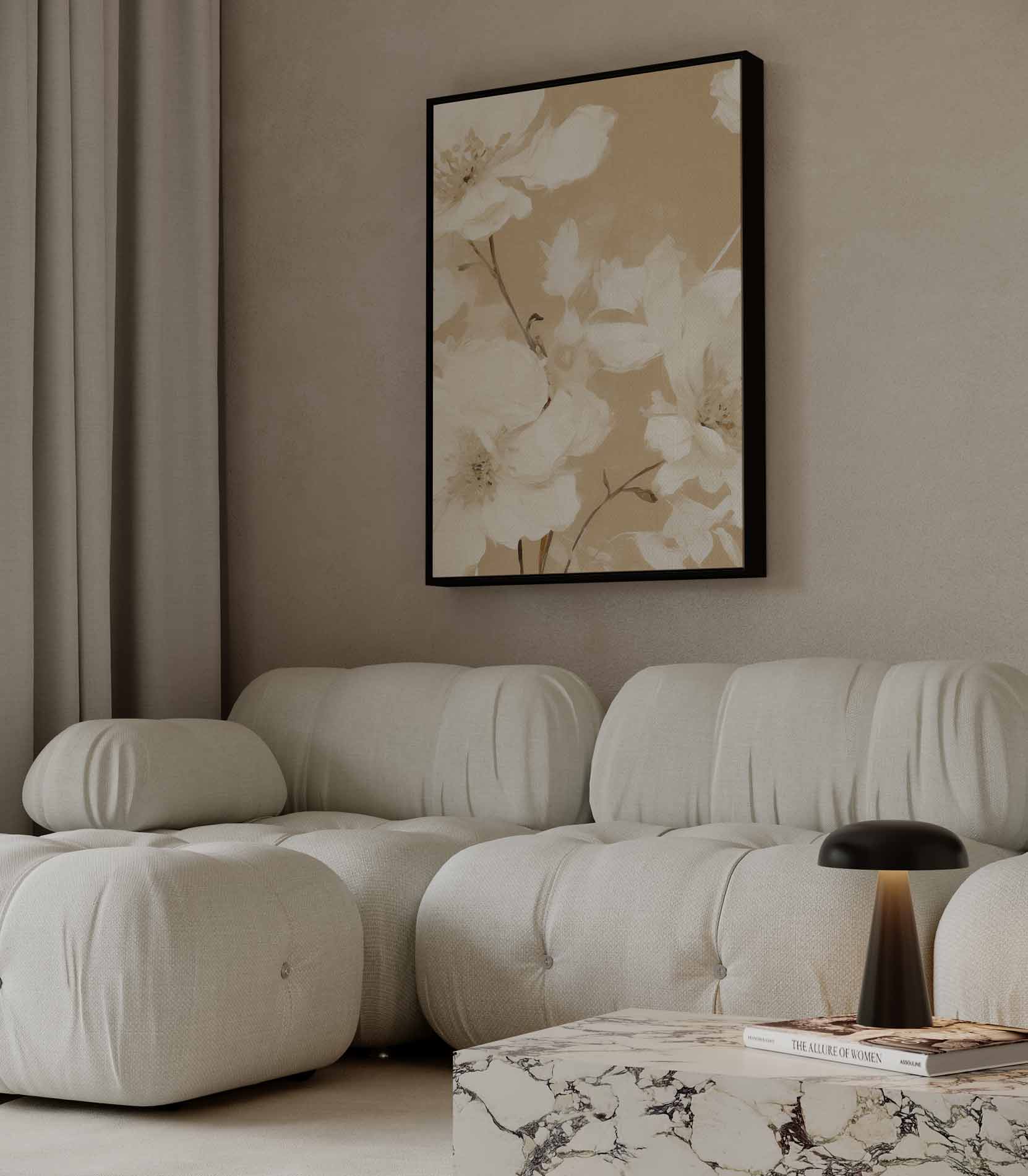 Elegante Bloemen op Beige Kunstwerk-canvas-dibond-plexiglas-wanddecoratie-WallArtistic