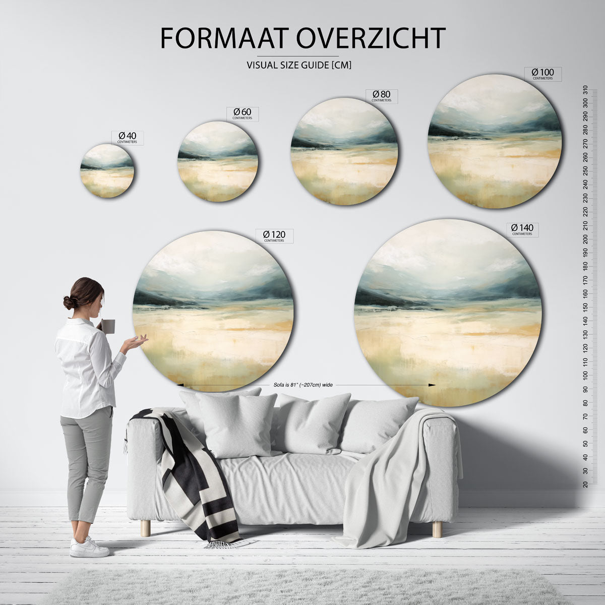 Landschap in beige en blauw Muurcirkel
