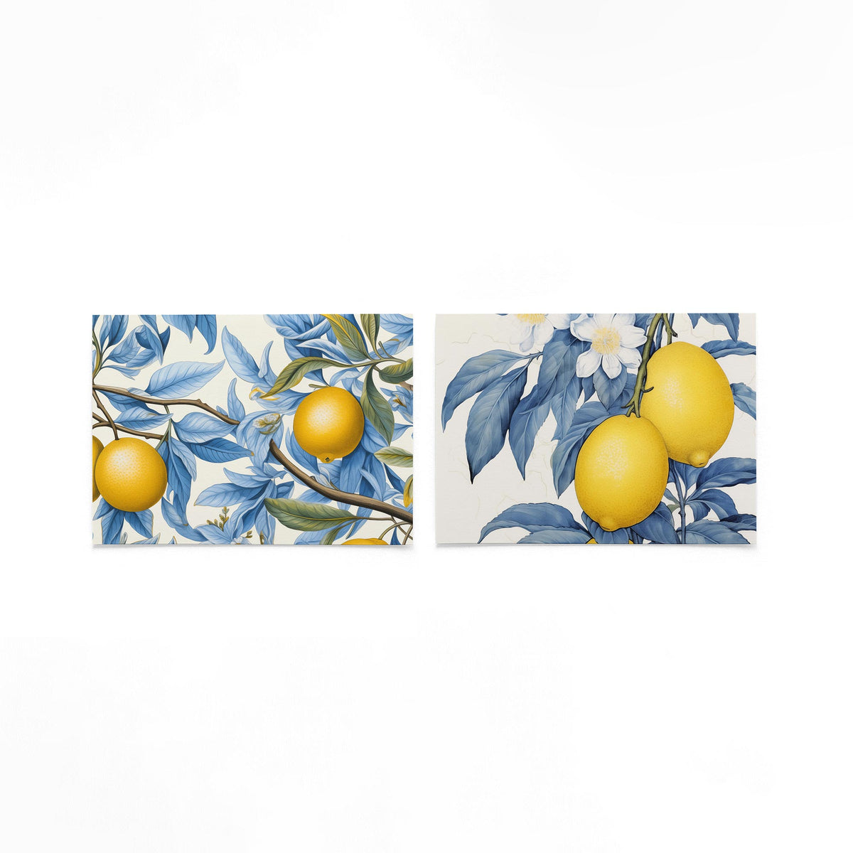 Twee liggende posters met gele citrusvruchten tussen blauwe bladeren en takken op een gebroken witte achtergrond