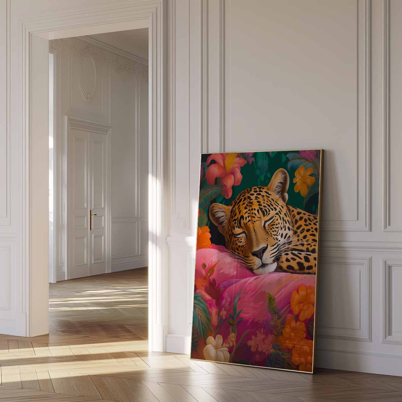 Dromerige Luipaard Slapen in Bloemenveld Poster-WallArtistic
