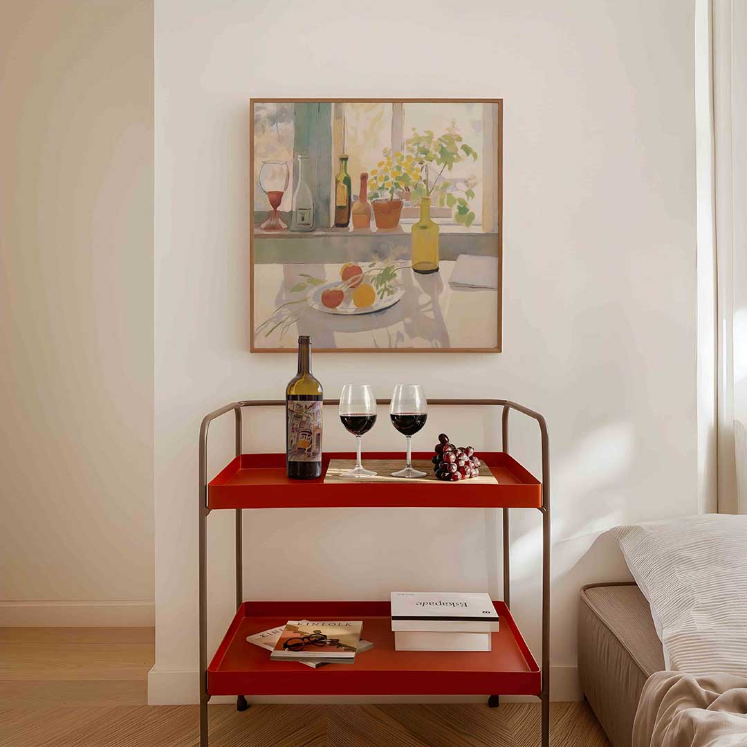 Stilleven met flessen en fruit Poster
