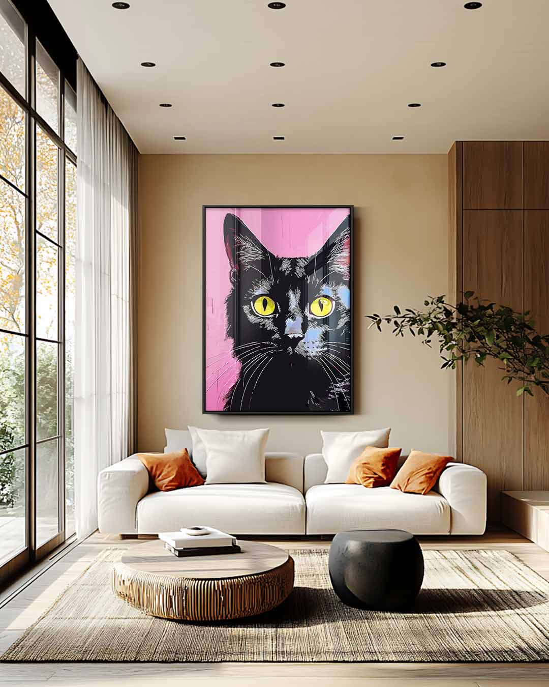 Kunstwerk: Katze mit gelben Augen auf rosa Hintergrund