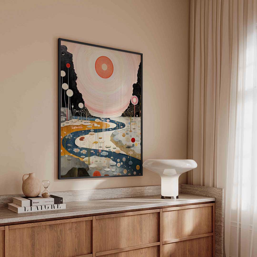 Landschap met zon en rivier Poster