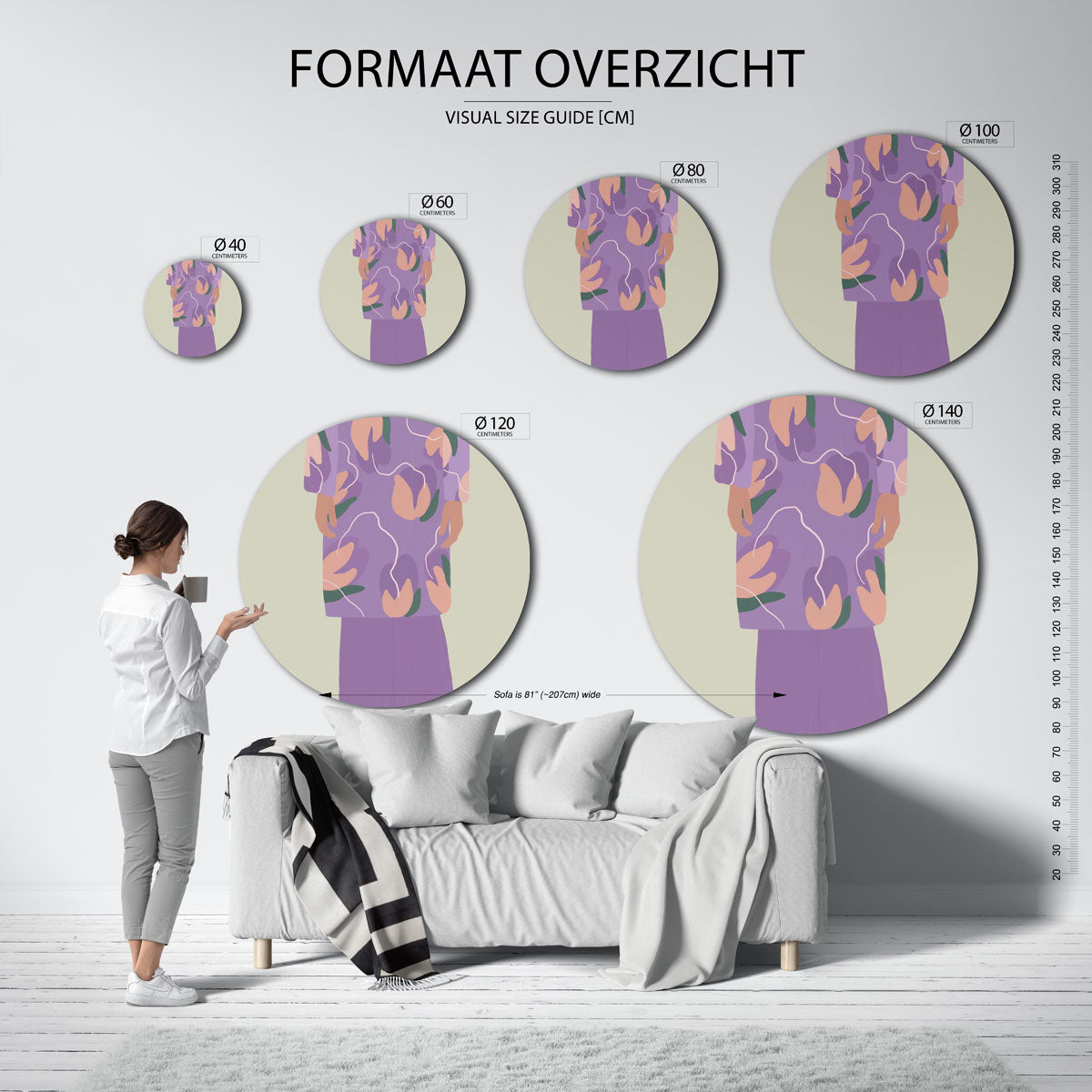 Bloemmotief op paarse achtergrond Muurcirkel