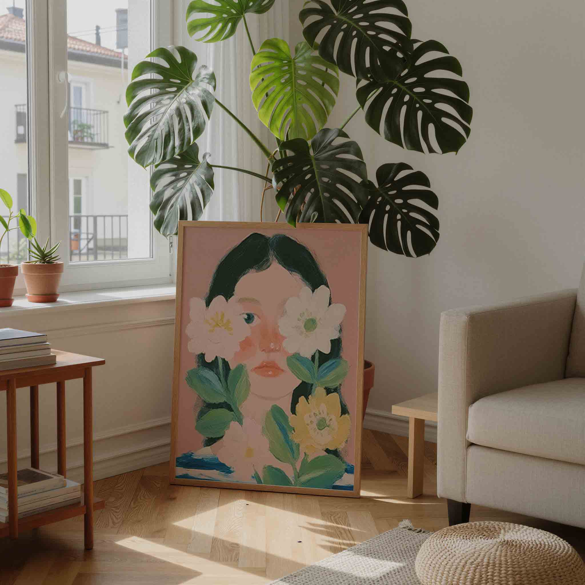 Bloemen en gezicht Poster