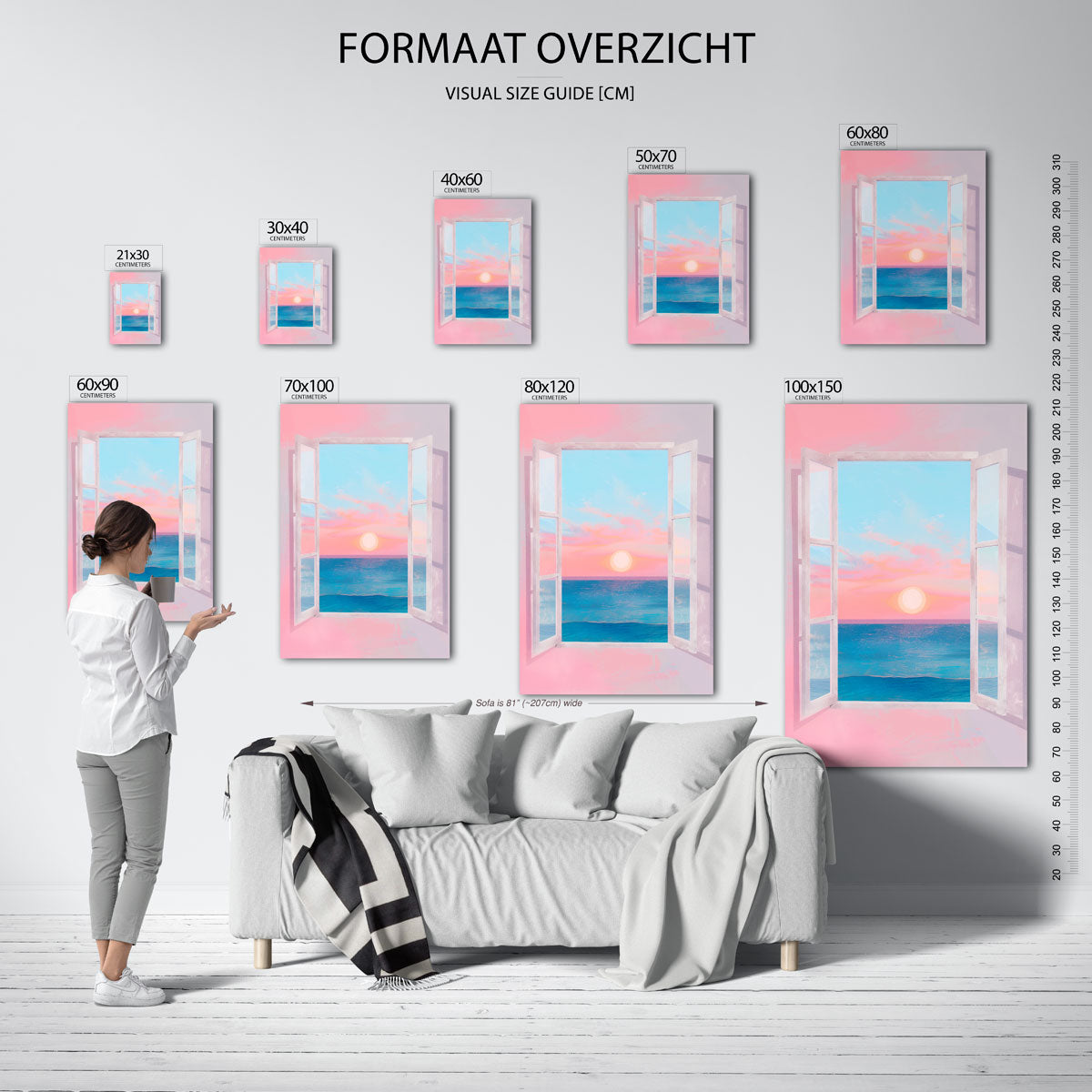 Zonsondergang bij open raam Poster