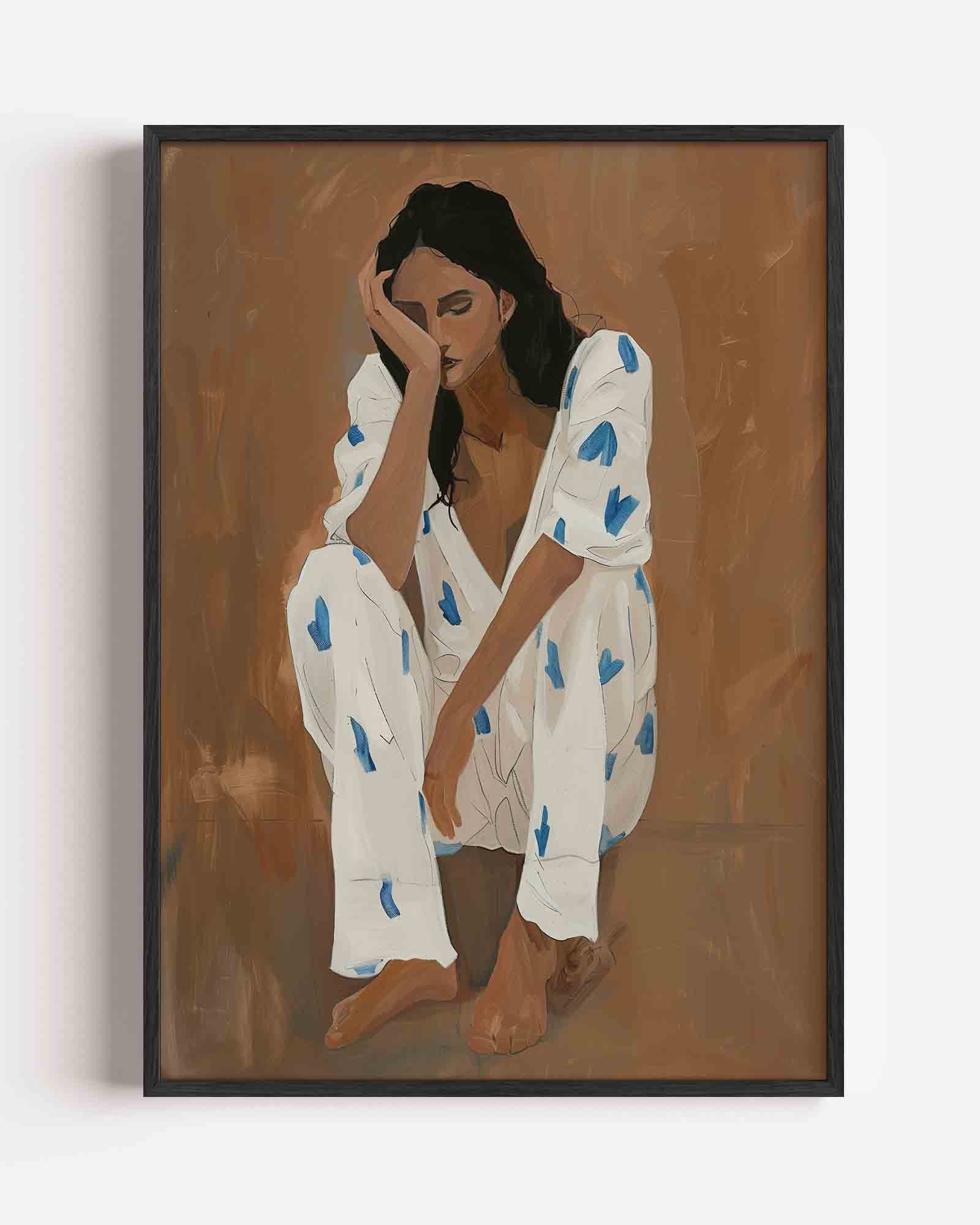 Zittende figuur met blauwe accenten Poster