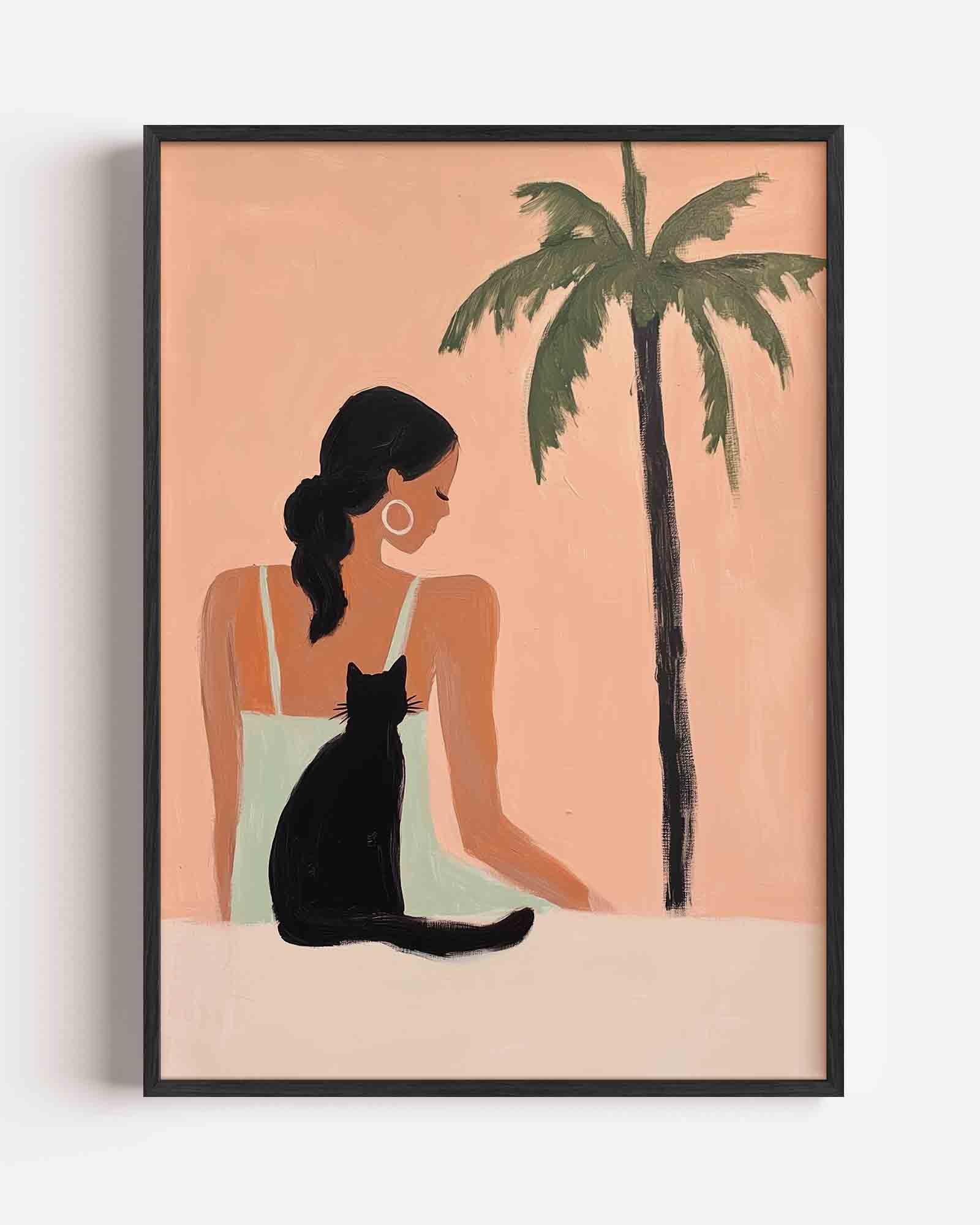 Vrouw met kat en palmboom Poster
