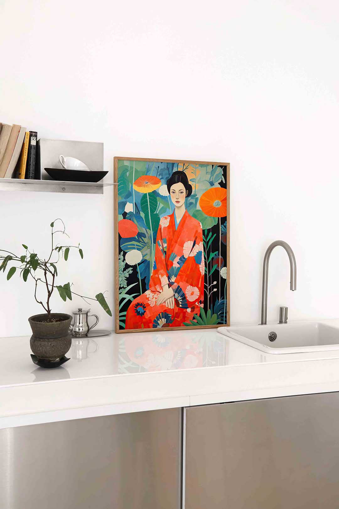 Vrouw in kimono met bloemen Poster