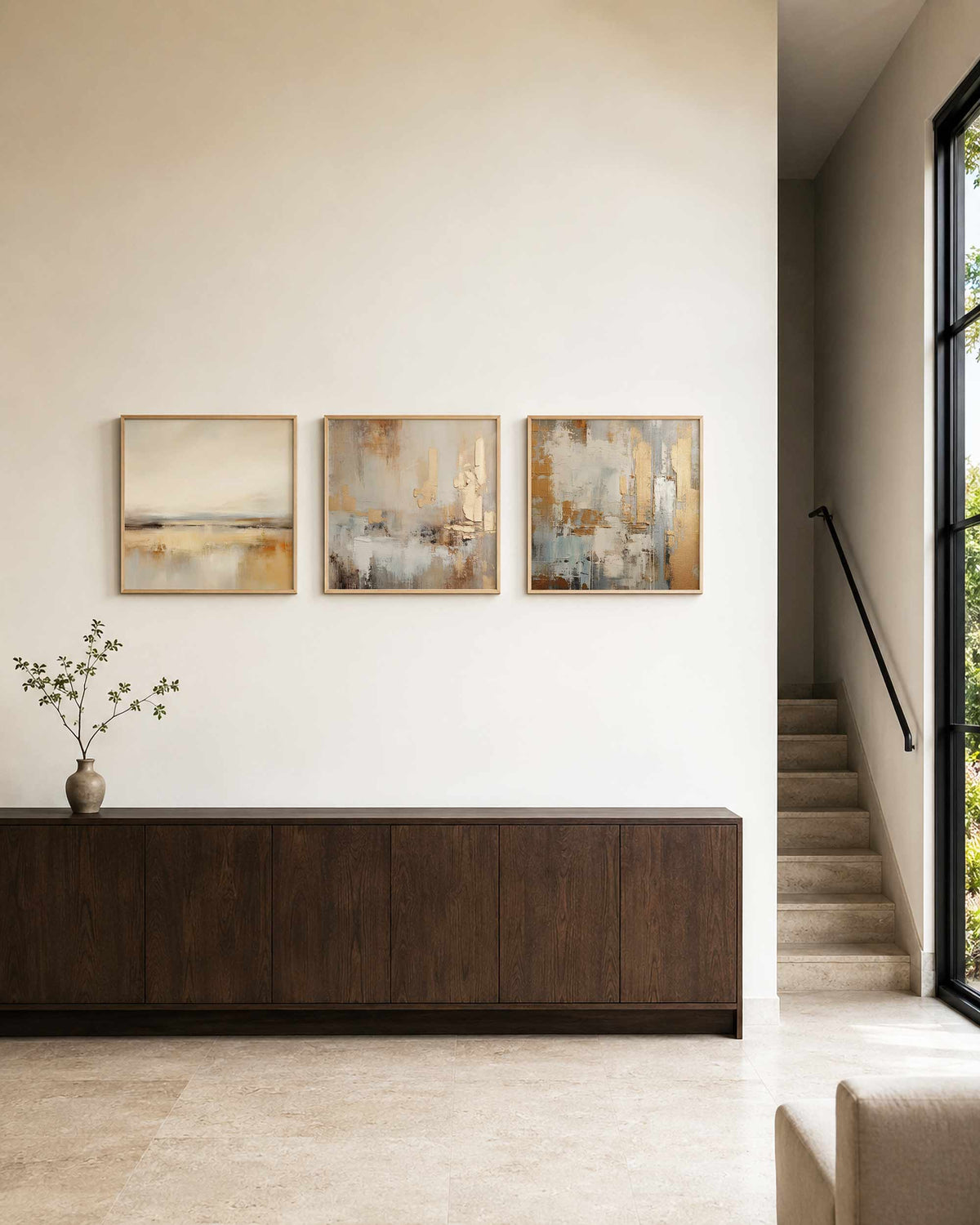 Interieurpresentatie van een driedelige vierkante posterset met abstracte aardetinten