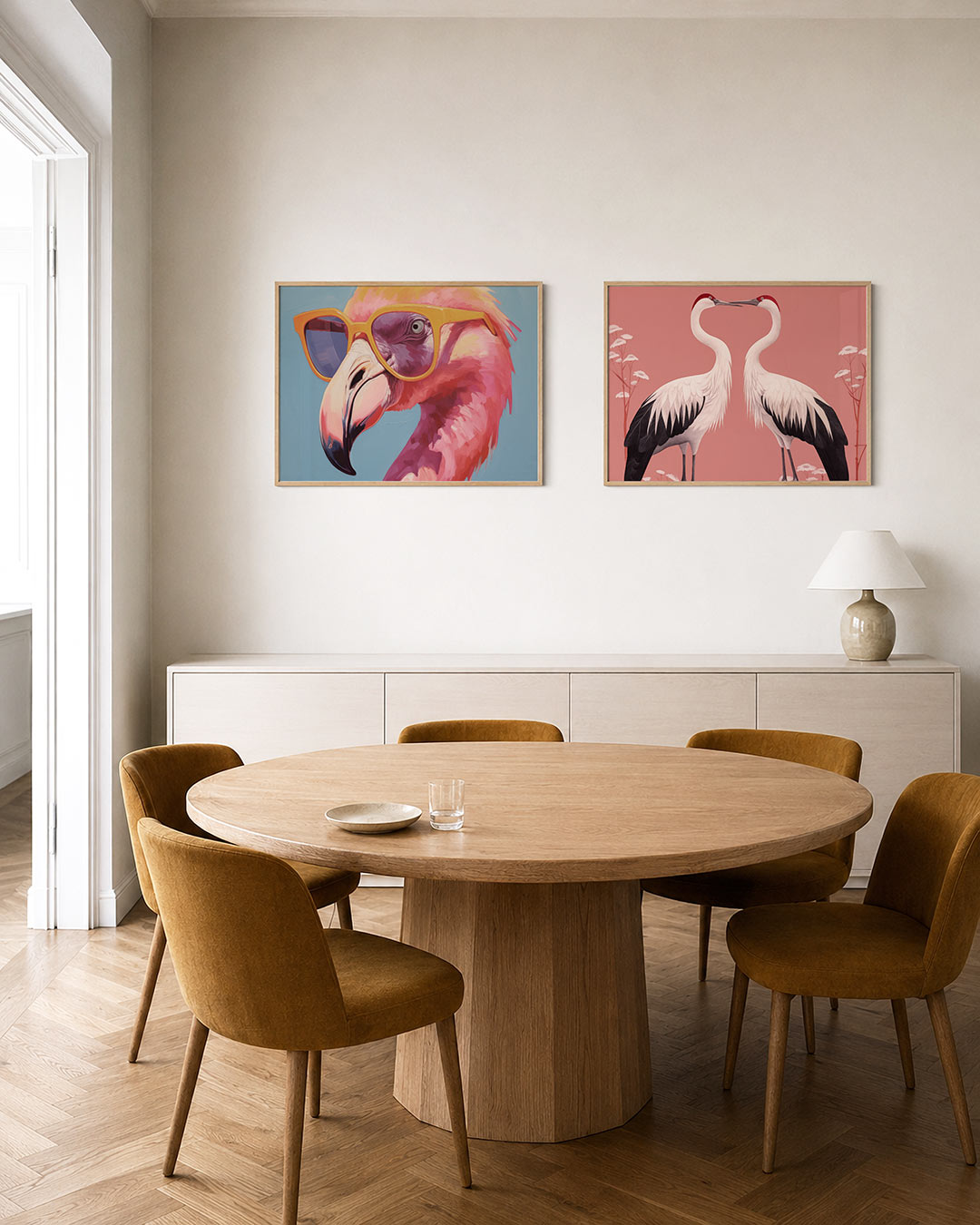 Twee liggende posters met een speelse compositie van een vogel met oranje bril, aan de muur in een interieur