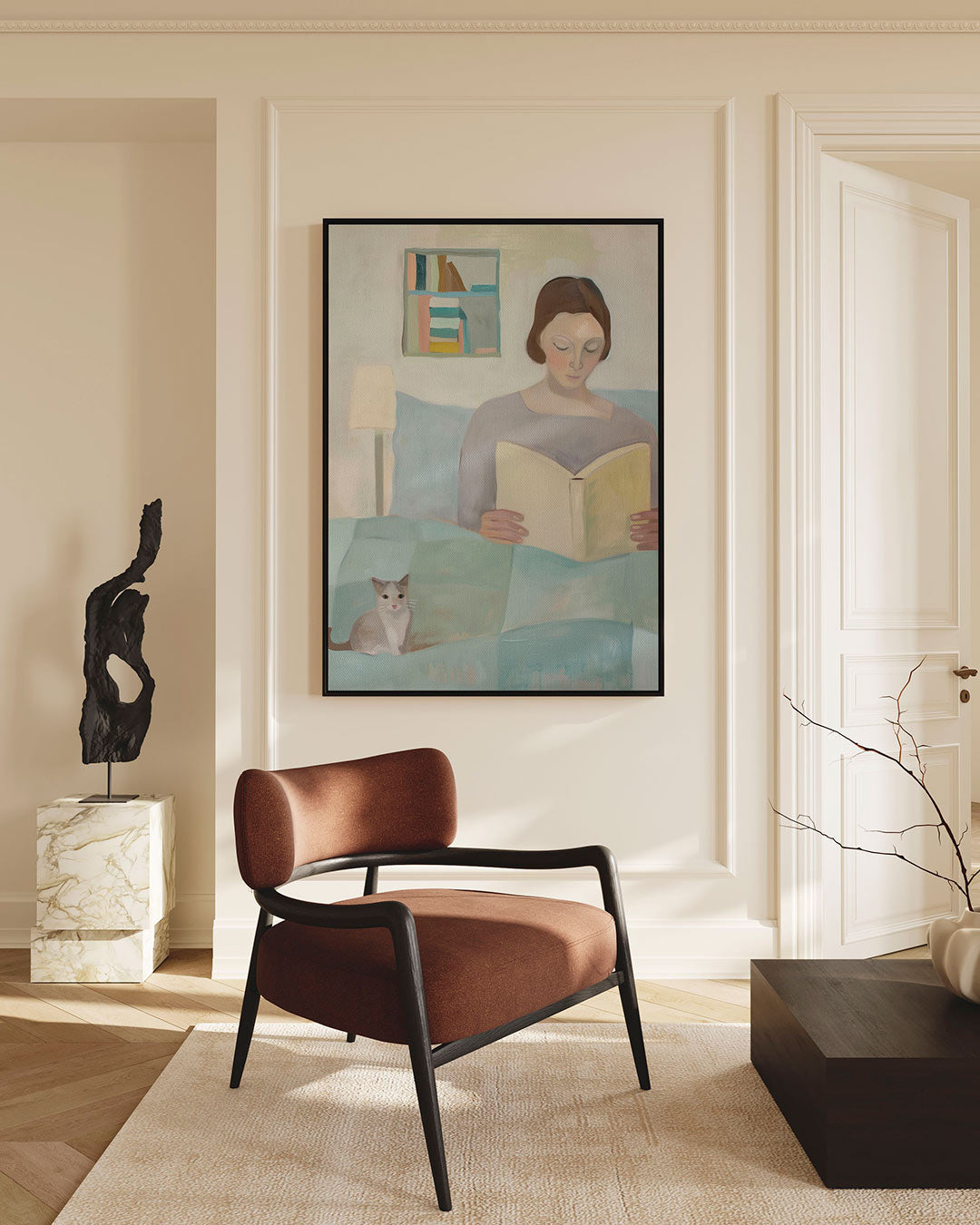 Lezende vrouw met kat Kunstwerk