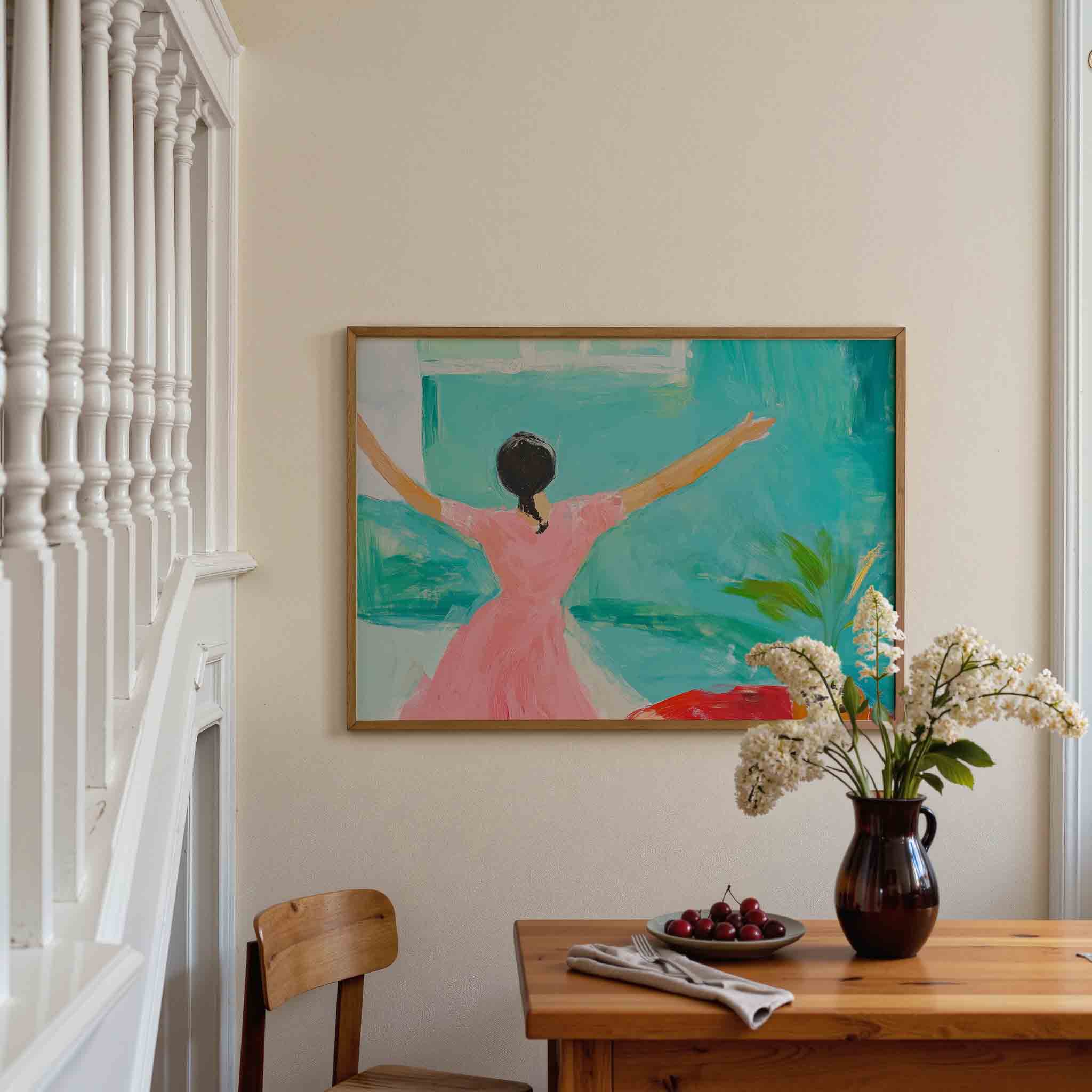 Vrouw in roze jurk Poster