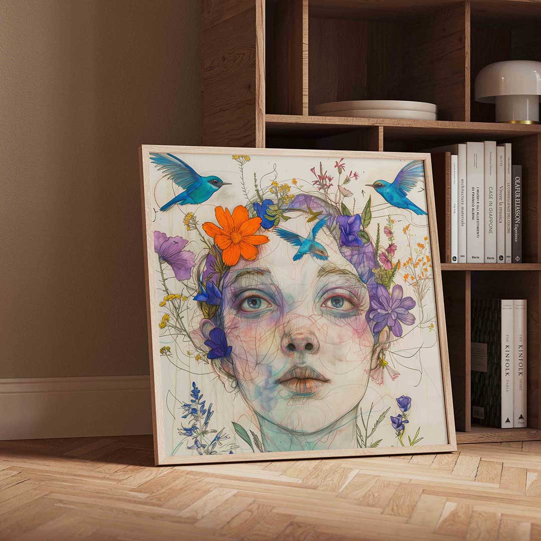 Vrouw met bloemen en vogels Poster