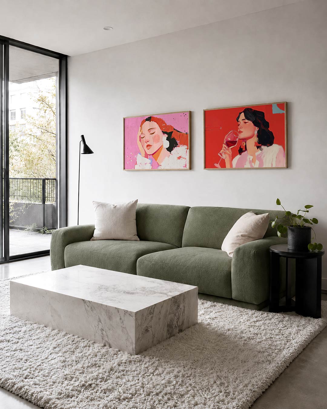 Interieurpresentatie van twee posters met een zachte compositie van roze en oranje tinten met vloeiende lijnen