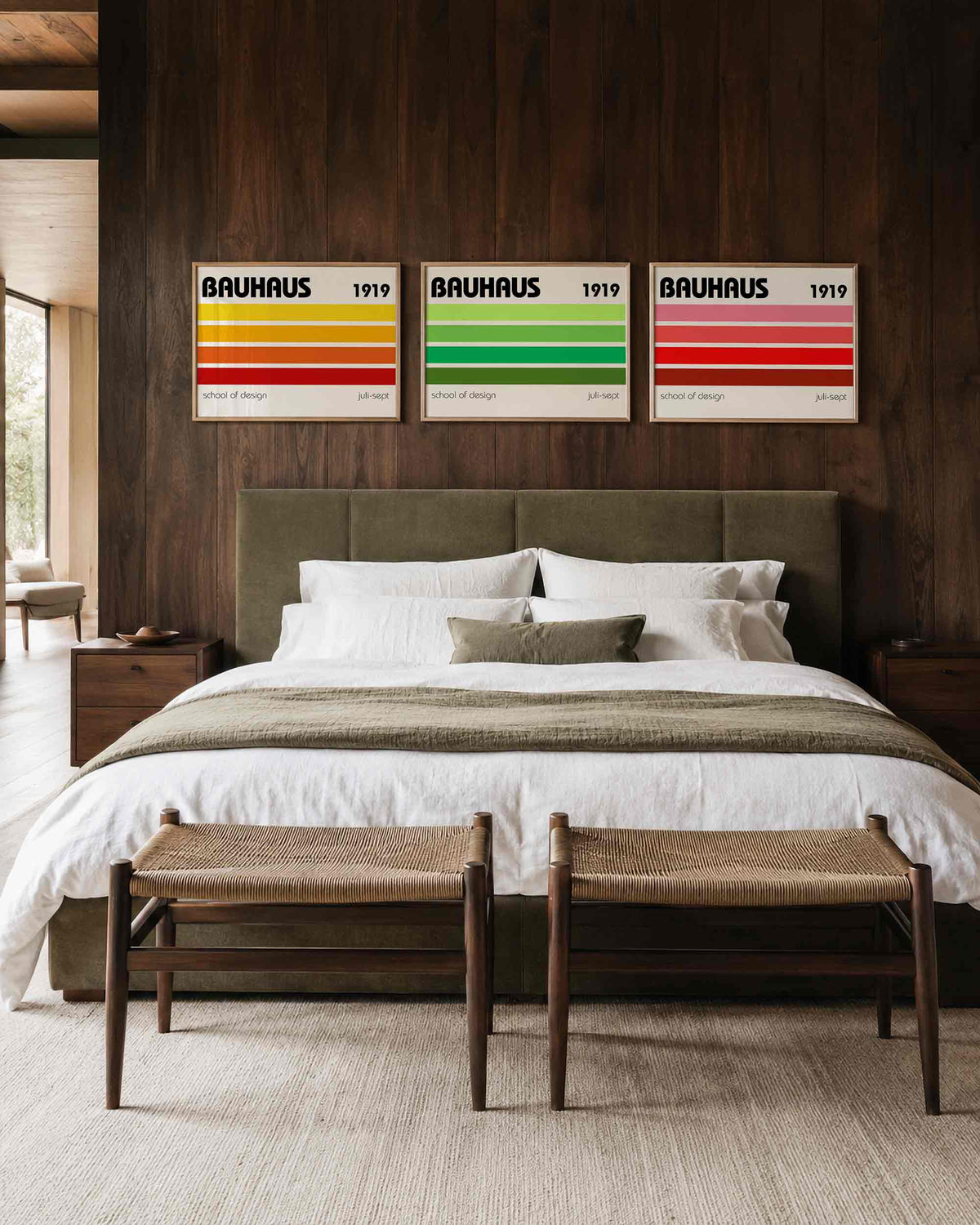 Interieurmockup van drieluik landscape-posterset met kleurbanen en jaartal