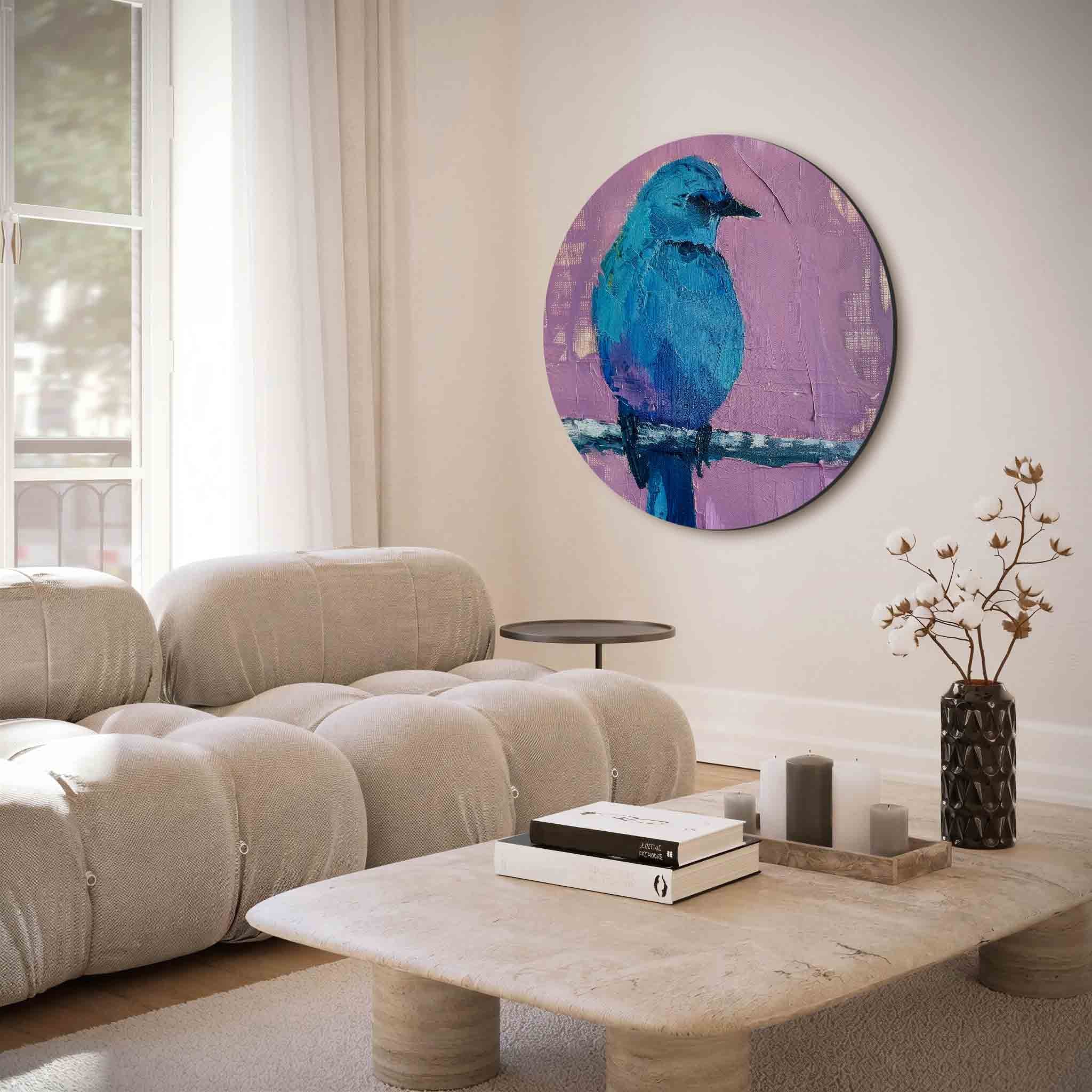 Blauwe vogel op paarse achtergrond Muurcirkel