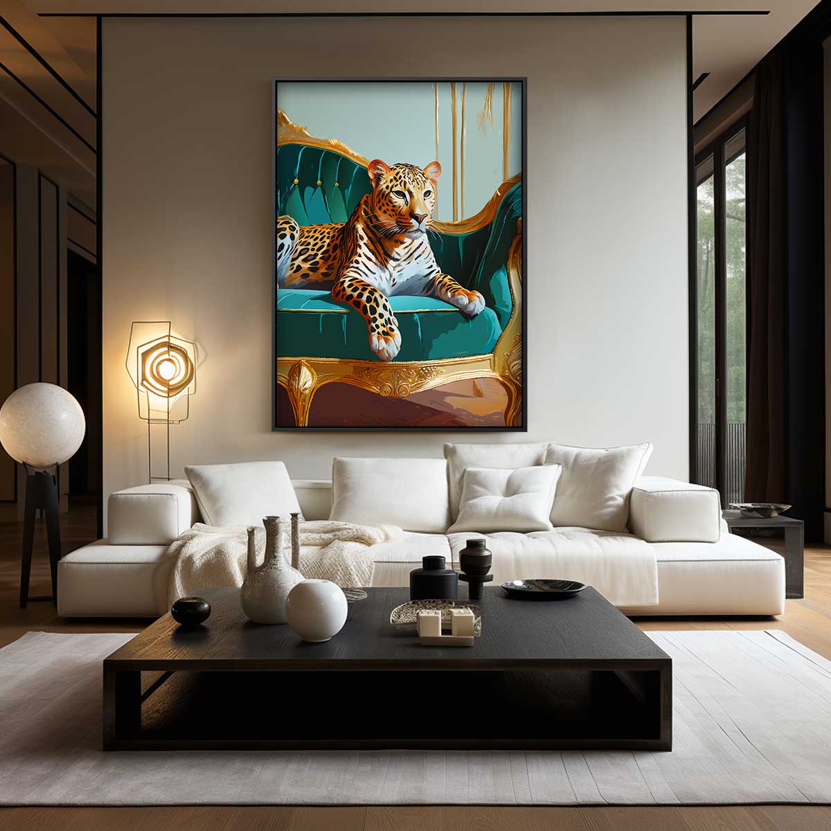 Luxuriöses Kunstwerk: Leopard auf Sofa