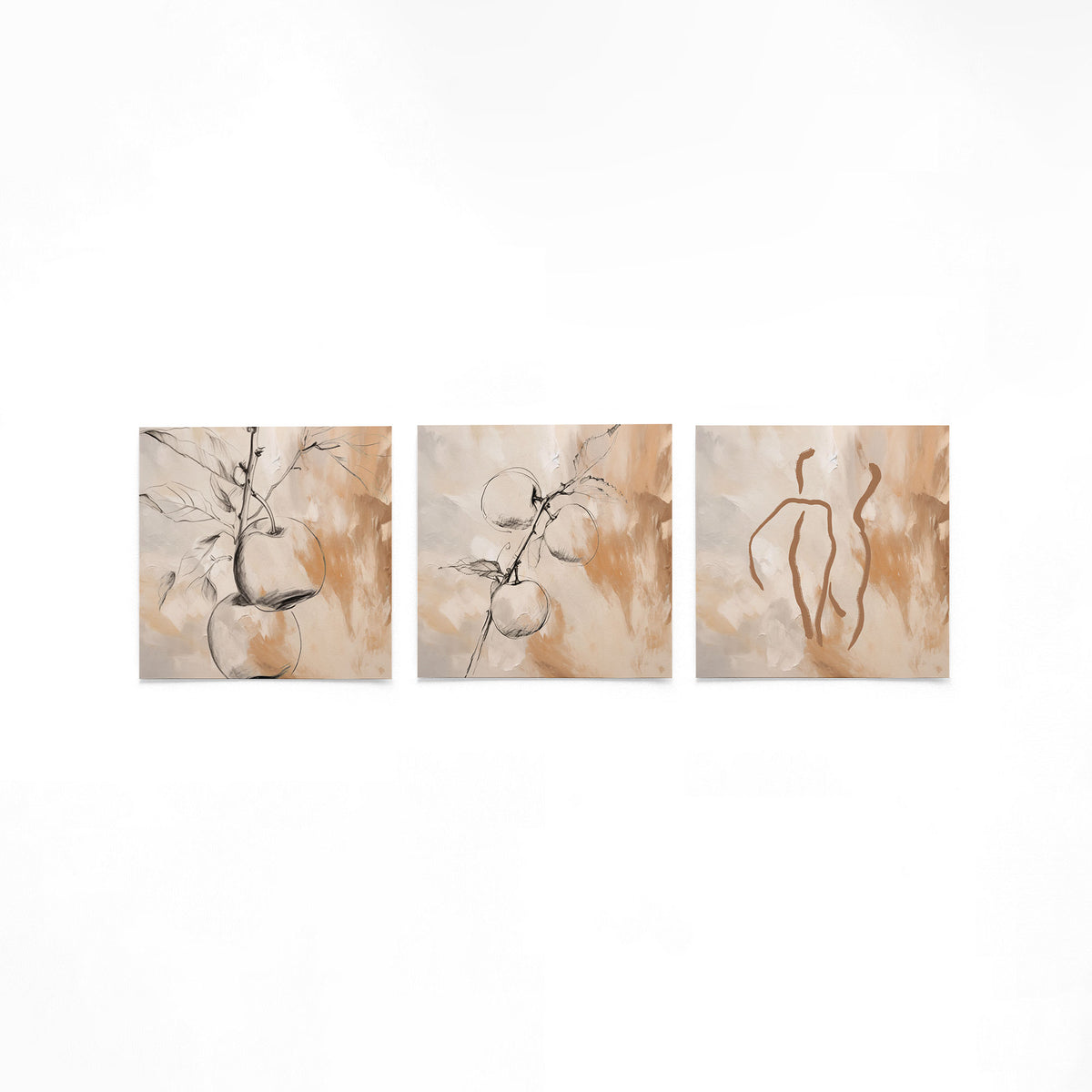 Drie vierkante posters met abstracte vruchten poster set op een gebroken witte achtergrond
