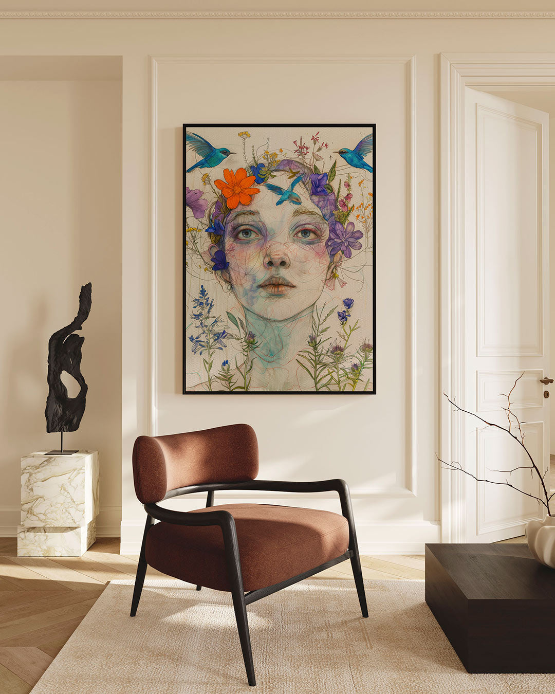 Vrouw met bloemen en vogels Kunstwerk