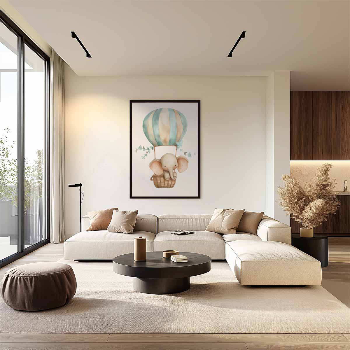 Dromerige Olifant in Luchtballon Kunstwerk-canvas-dibond-plexiglas-wanddecoratie-WallArtistic