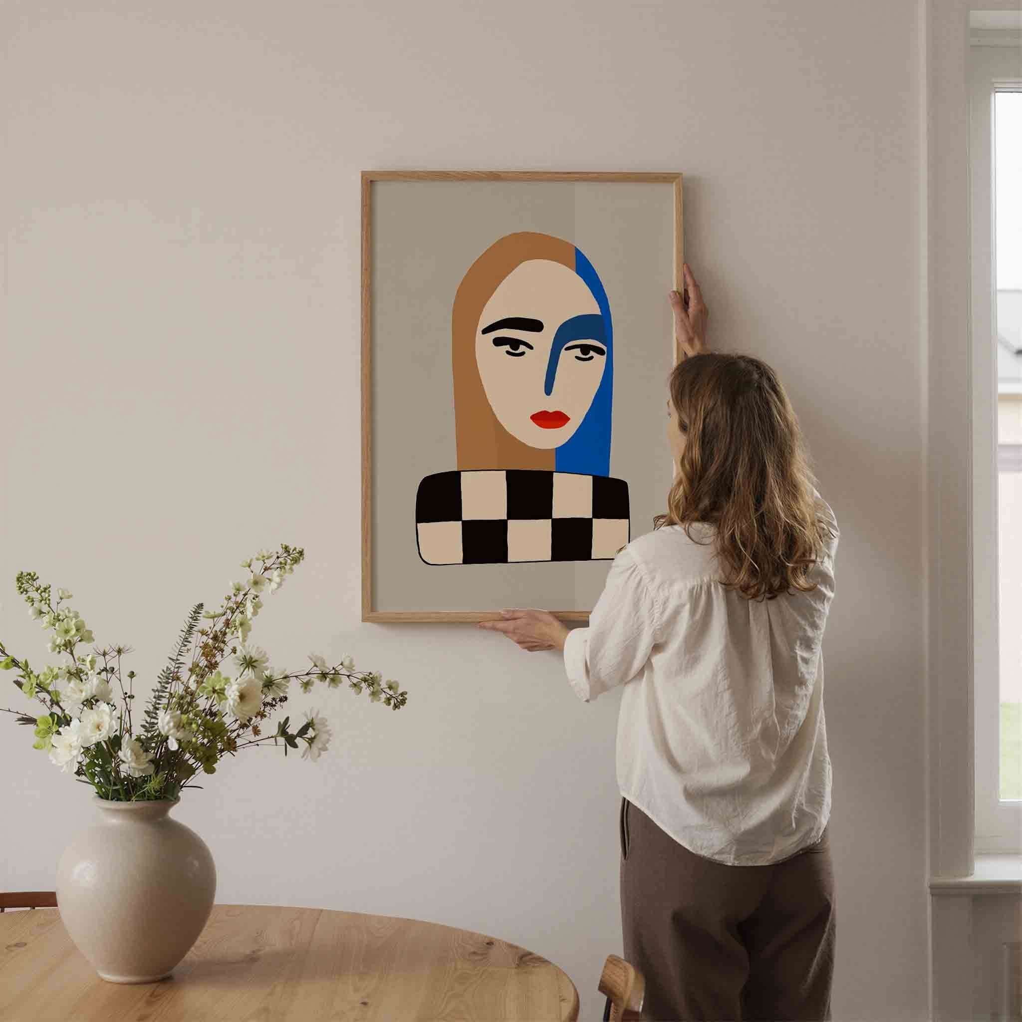 Gezicht met blauwe streep Poster