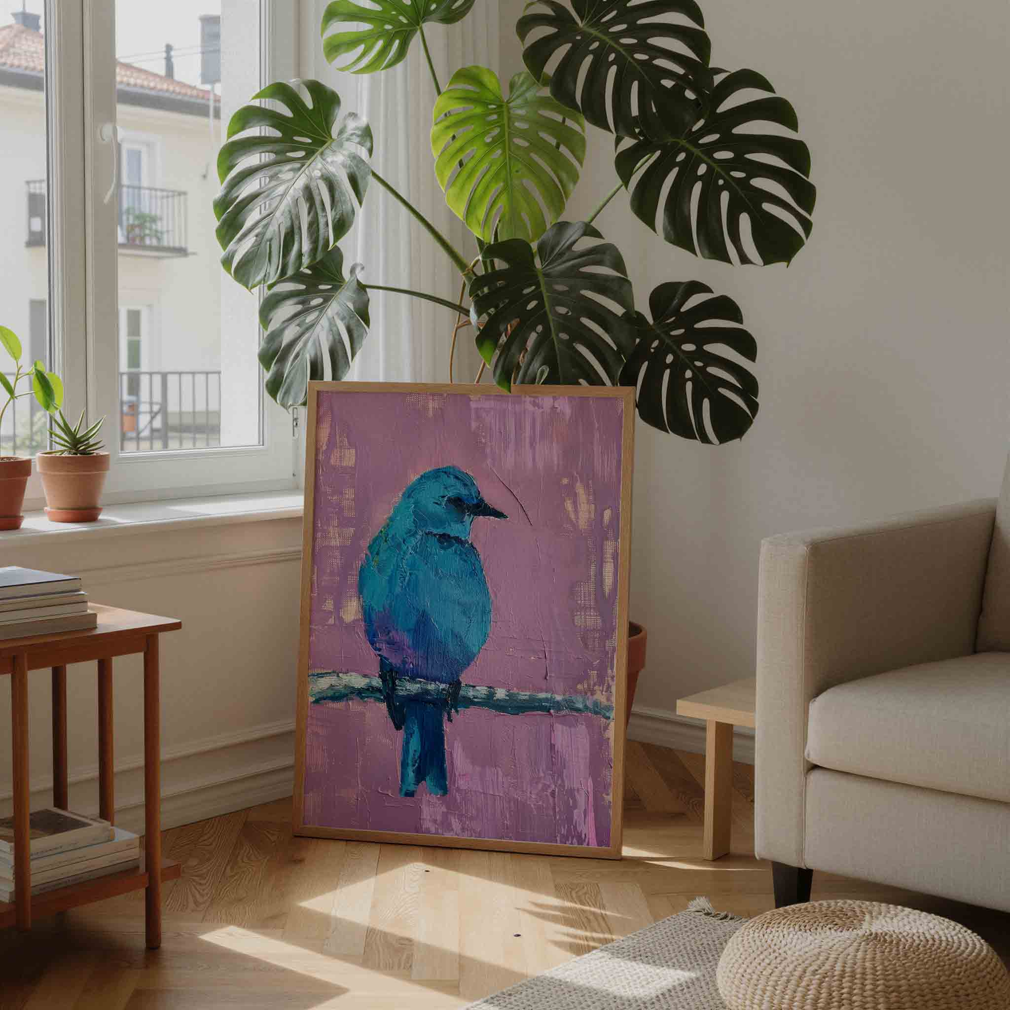 Blauwe vogel op tak Poster