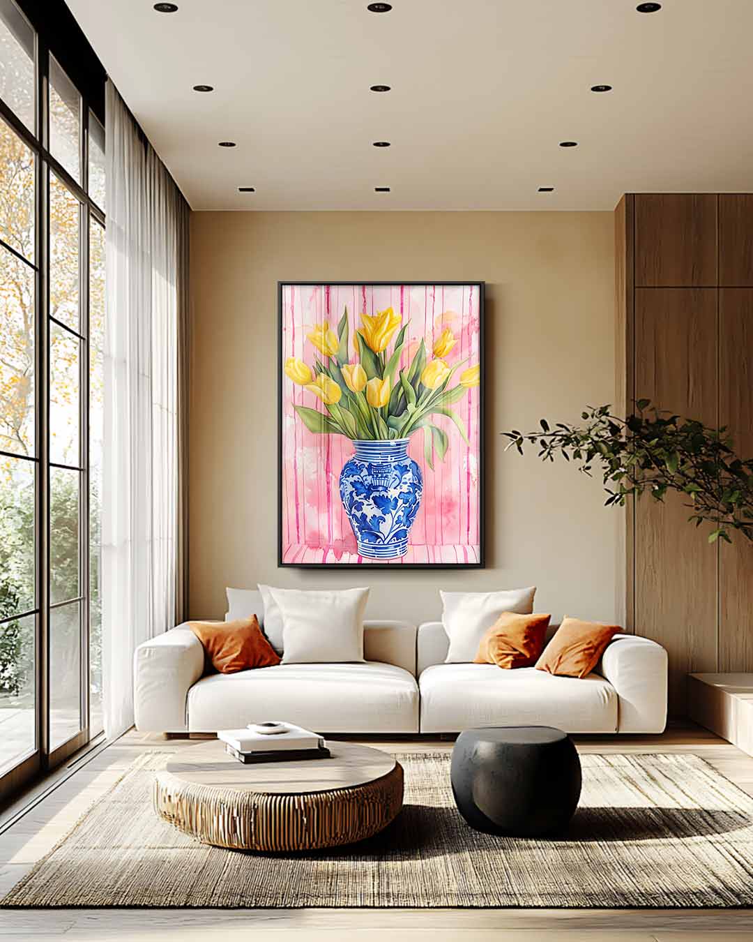 Vrolijke Gele Tulpen in Delfts Blauwe Vaas Kunstwerk-canvas-dibond-plexiglas-wanddecoratie-WallArtistic