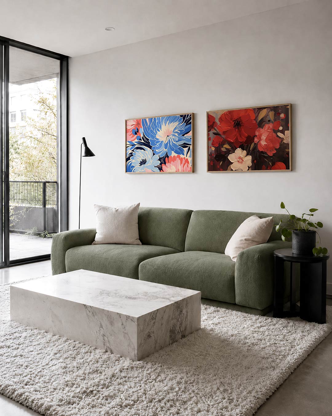 Twee liggende posters met grote, overlappende bloemvormen in blauw, roze en wit, aan de muur in een interieur