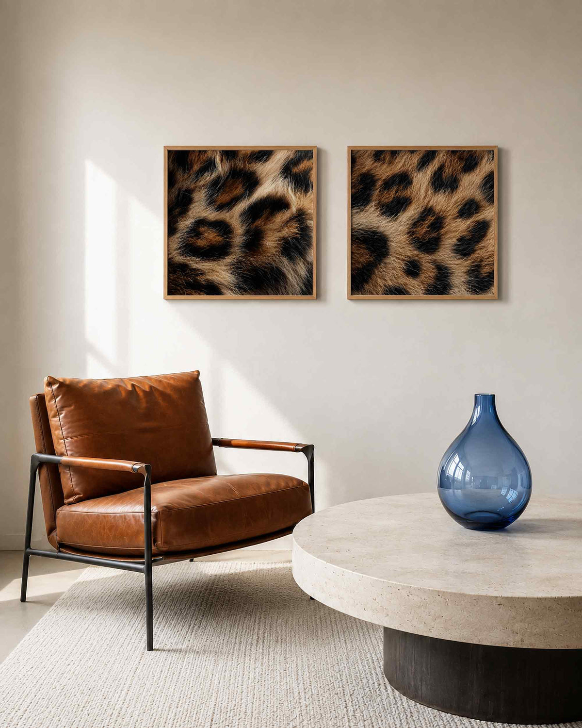 Interieurpresentatie van een tweedelige vierkante posterset met tijgerpatroon vacht