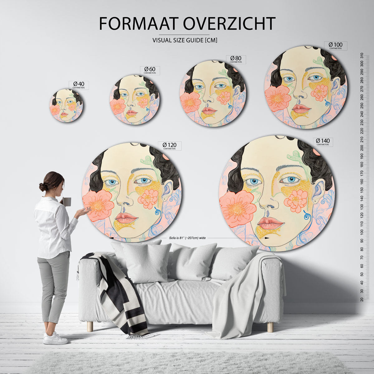 Vrouwelijk portret met bloemen Muurcirkel