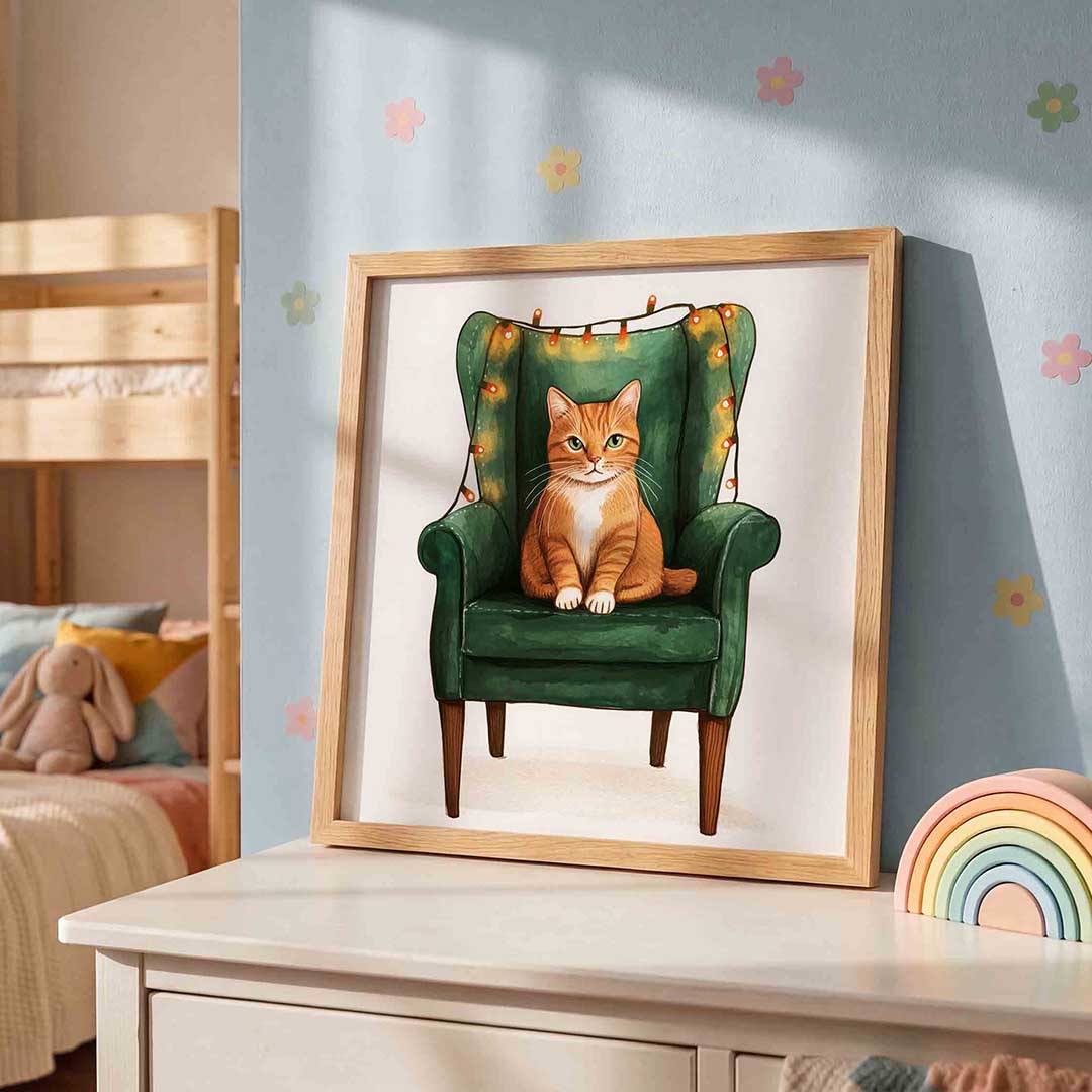 Kat op groene stoel Poster