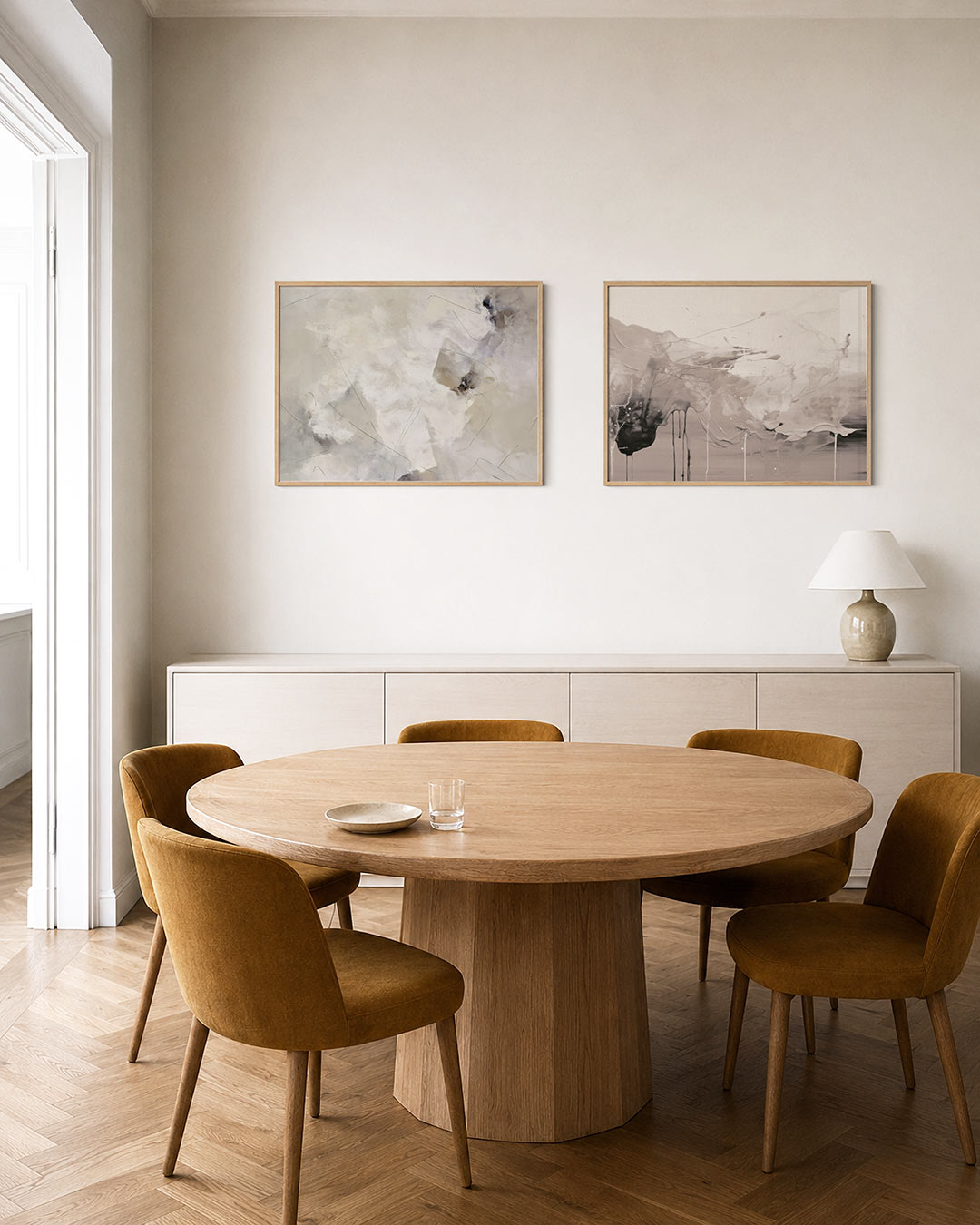 Tweedelige posterset met een fijne mix van zachte tinten en vloeiende lijnen, getoond in een interieur