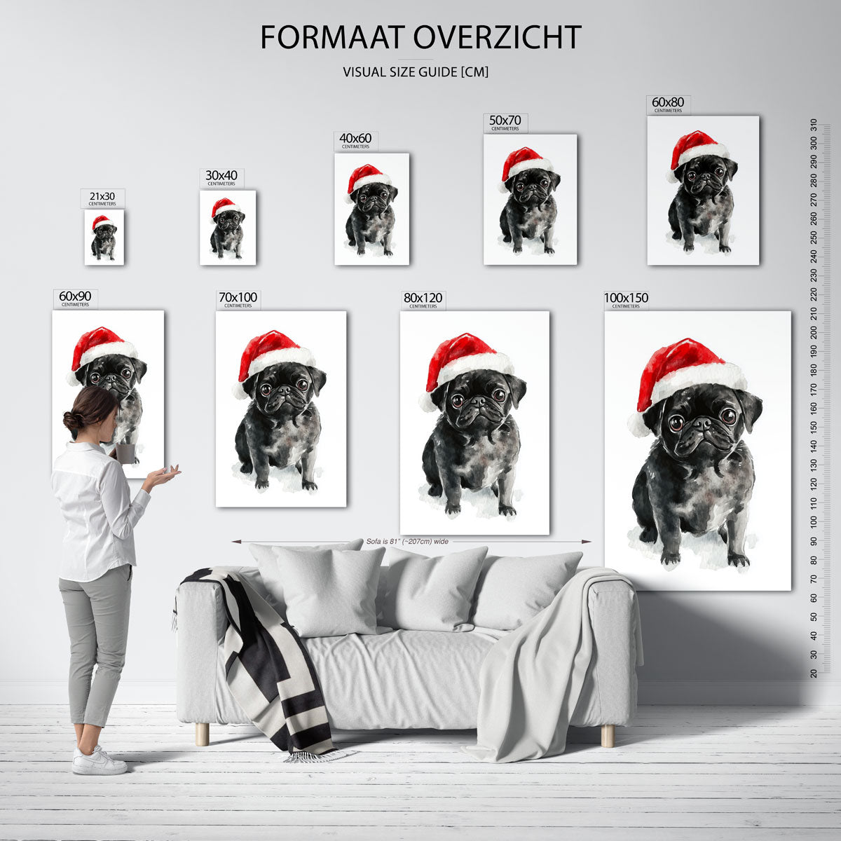 Mopshond met kerstmuts Poster