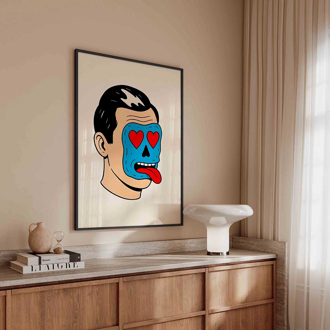 Blauw gezicht met rode harten Poster
