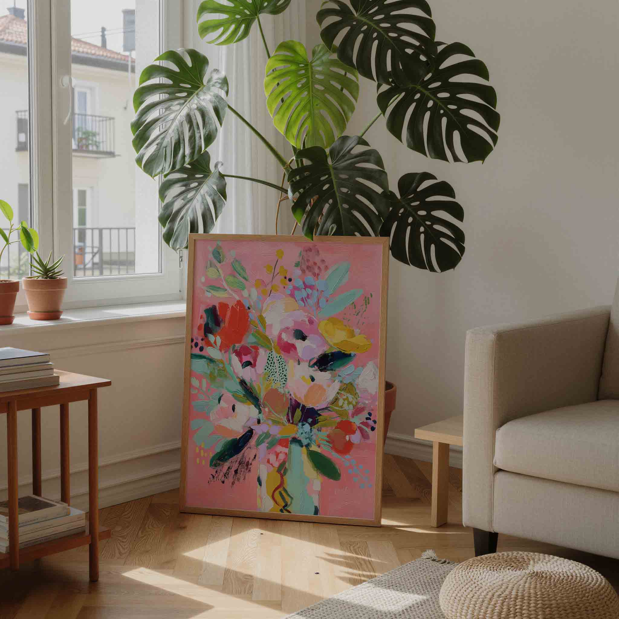 Bloemen op roze achtergrond Poster