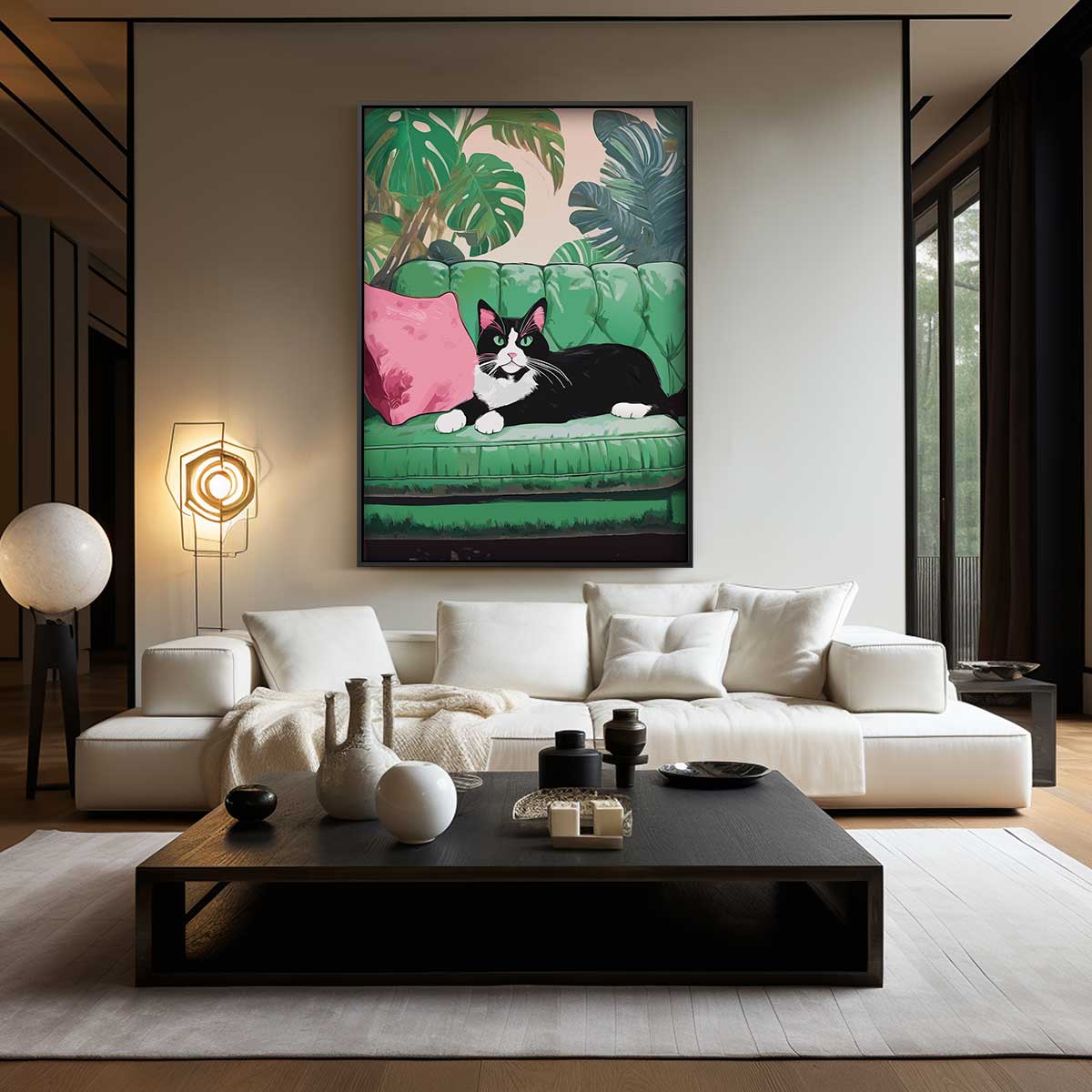 Kunstwerk: Katze auf grüner Bank