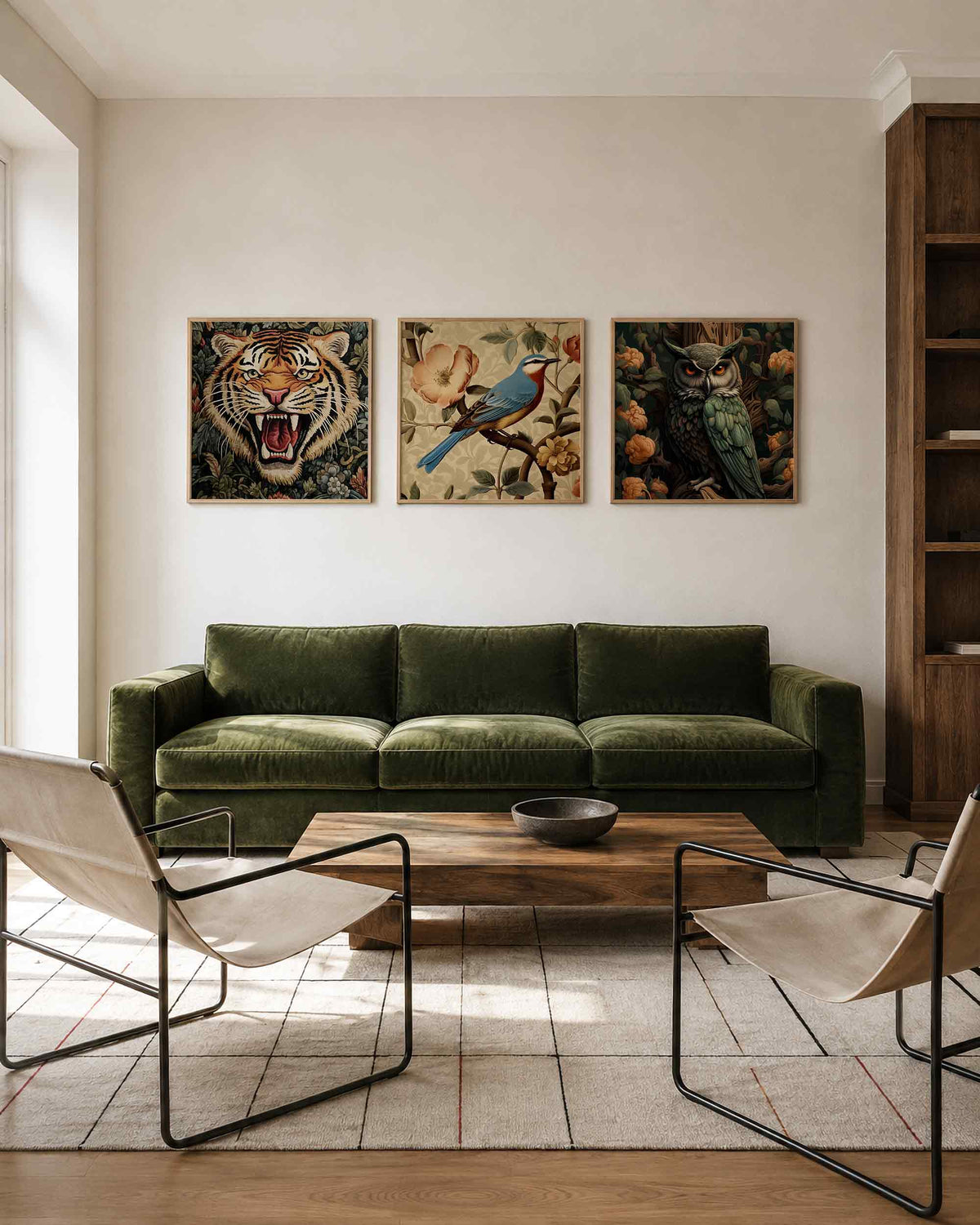 Interieurpresentatie van een driedelige vierkante posterset met tijger vogel uil