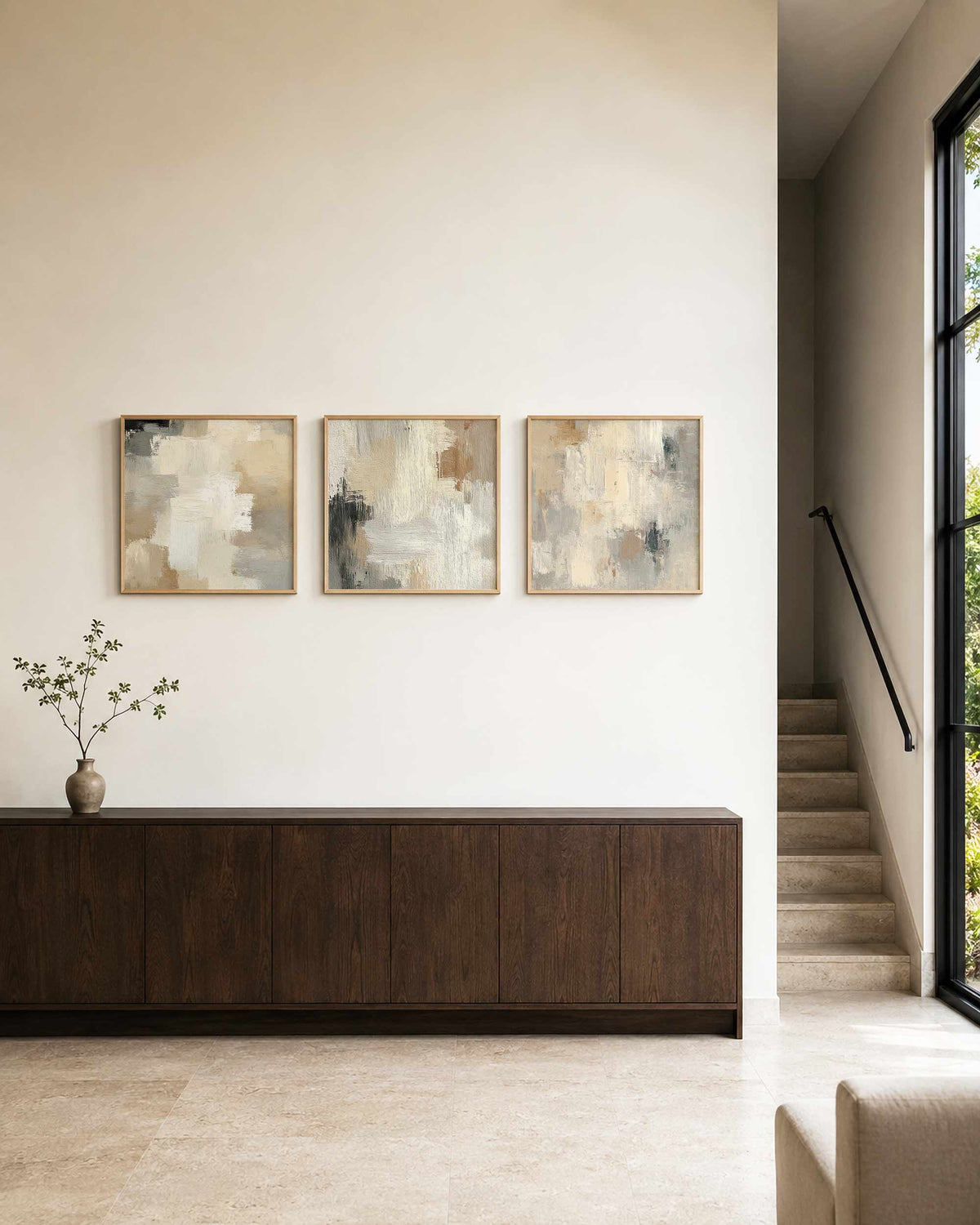 Interieurpresentatie van een driedelige vierkante posterset met abstracte beige schilderijen