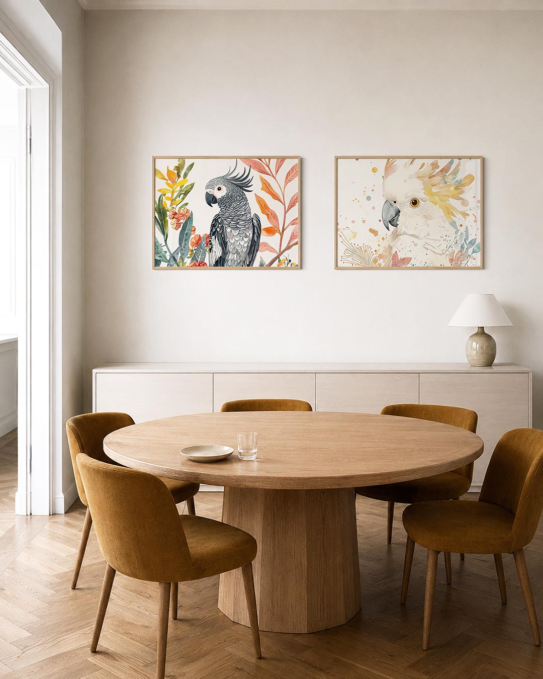 Tweedelige posterset met een levendige papegaai met gedetailleerde grijze veren, getoond in een interieur