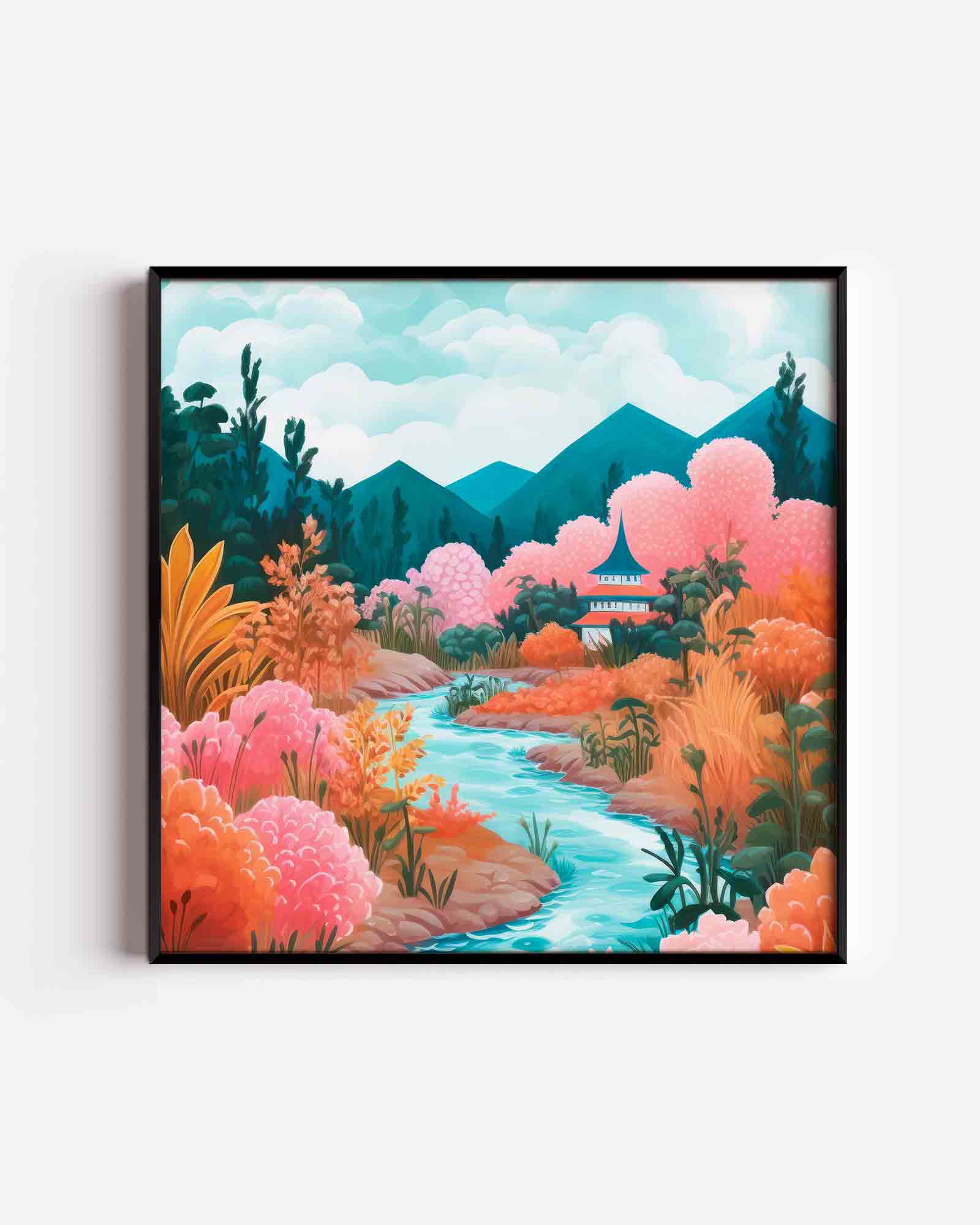 Landschap met bergen en rivier Poster