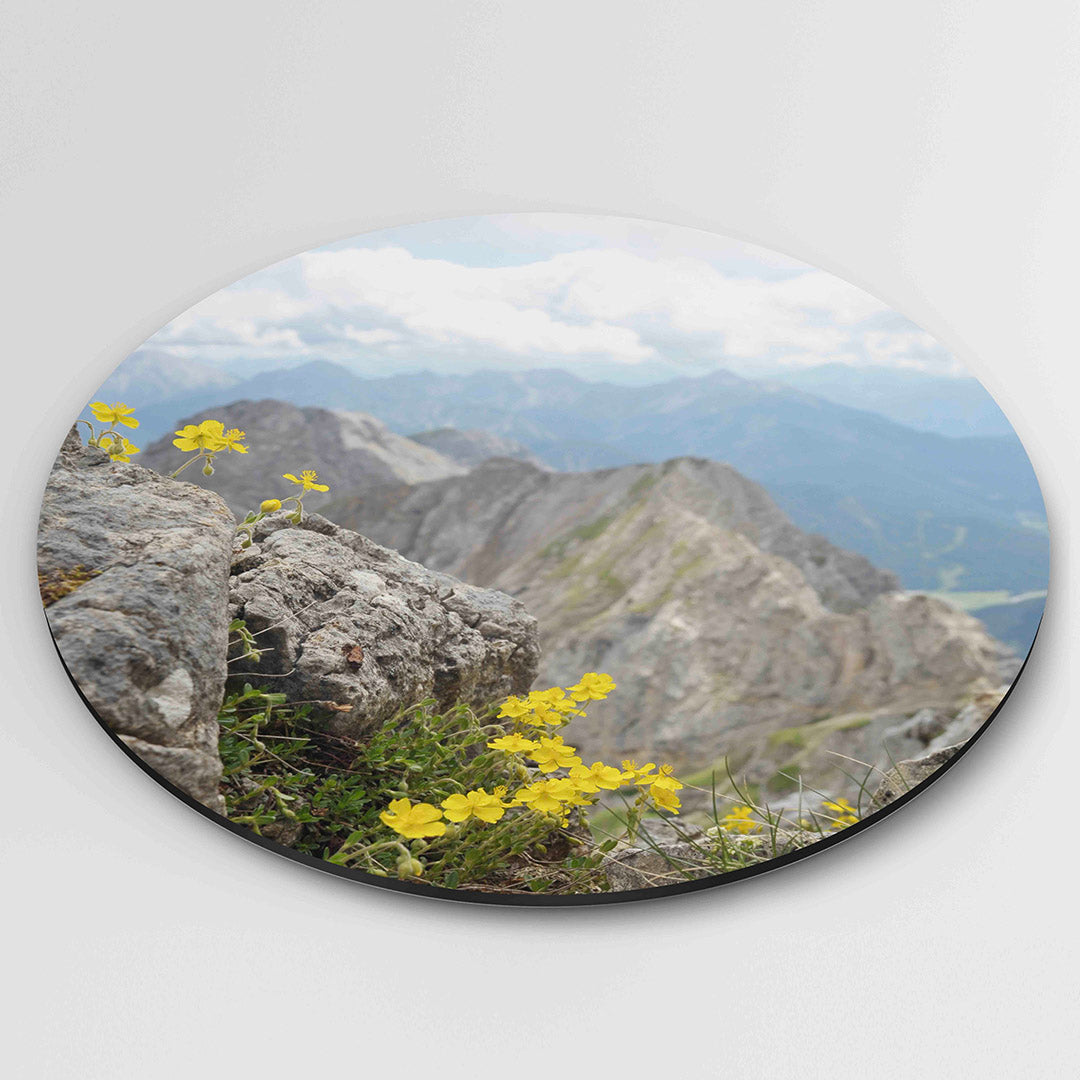 Berglandschap met gele bloemen Muurcirkel