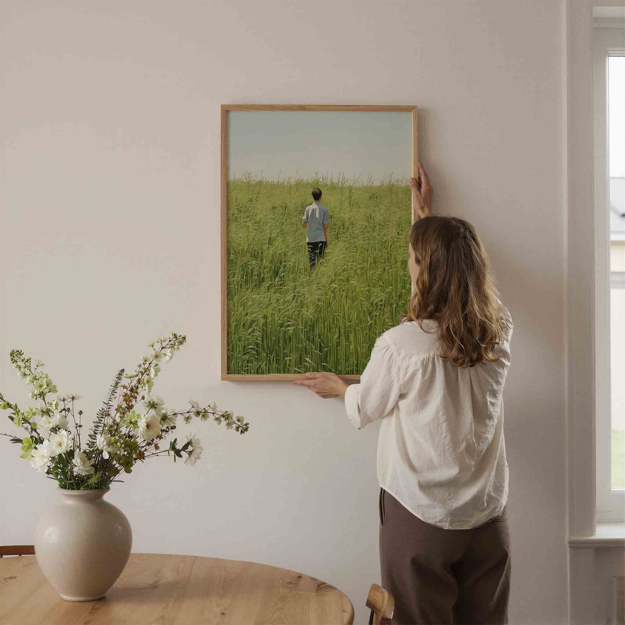 Persoon in groen veld Poster