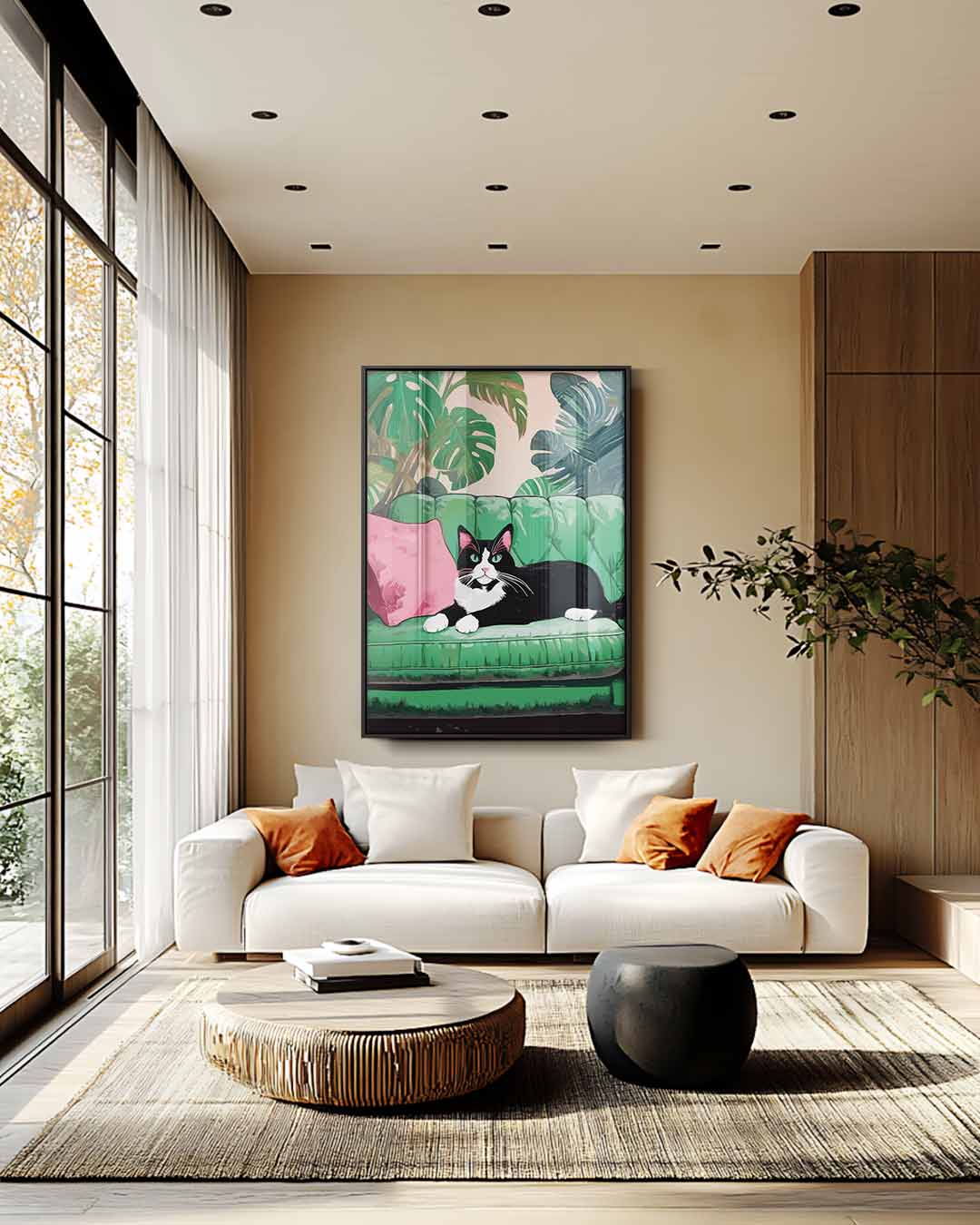 Kunstwerk: Katze auf grüner Bank