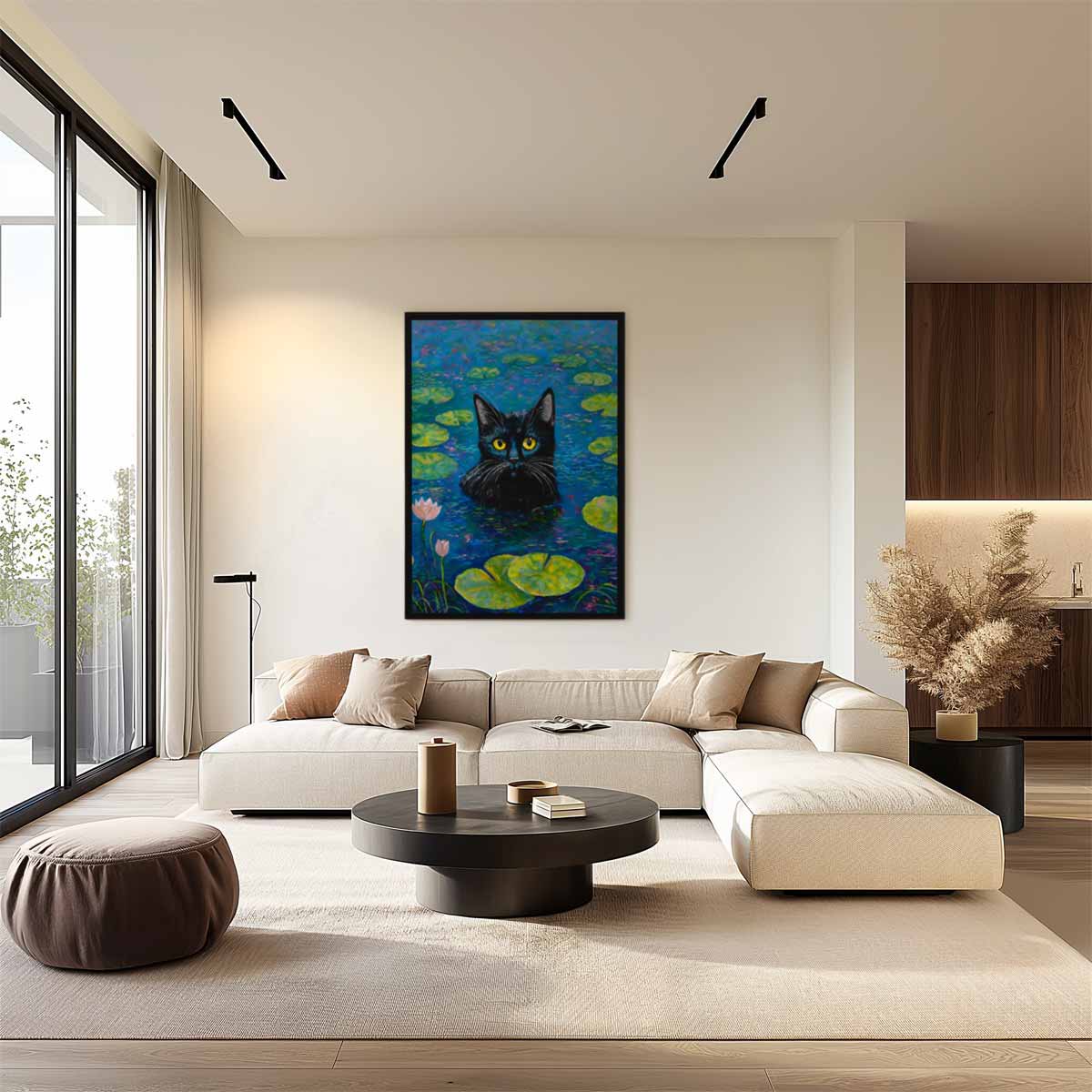 Katze im Seerosen-Kunstwerk